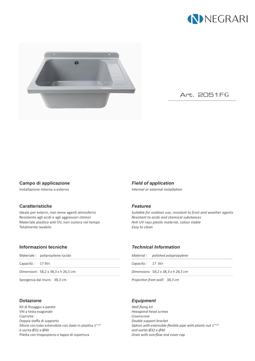 Negrari Lavabo de pared 2051FGAM de polipropileno gris con piletón de metal, resistente a los agentes atmosféricos, incluye kit de fijación y kit de desagüe, para exterior 58 x 38 x 21 cm