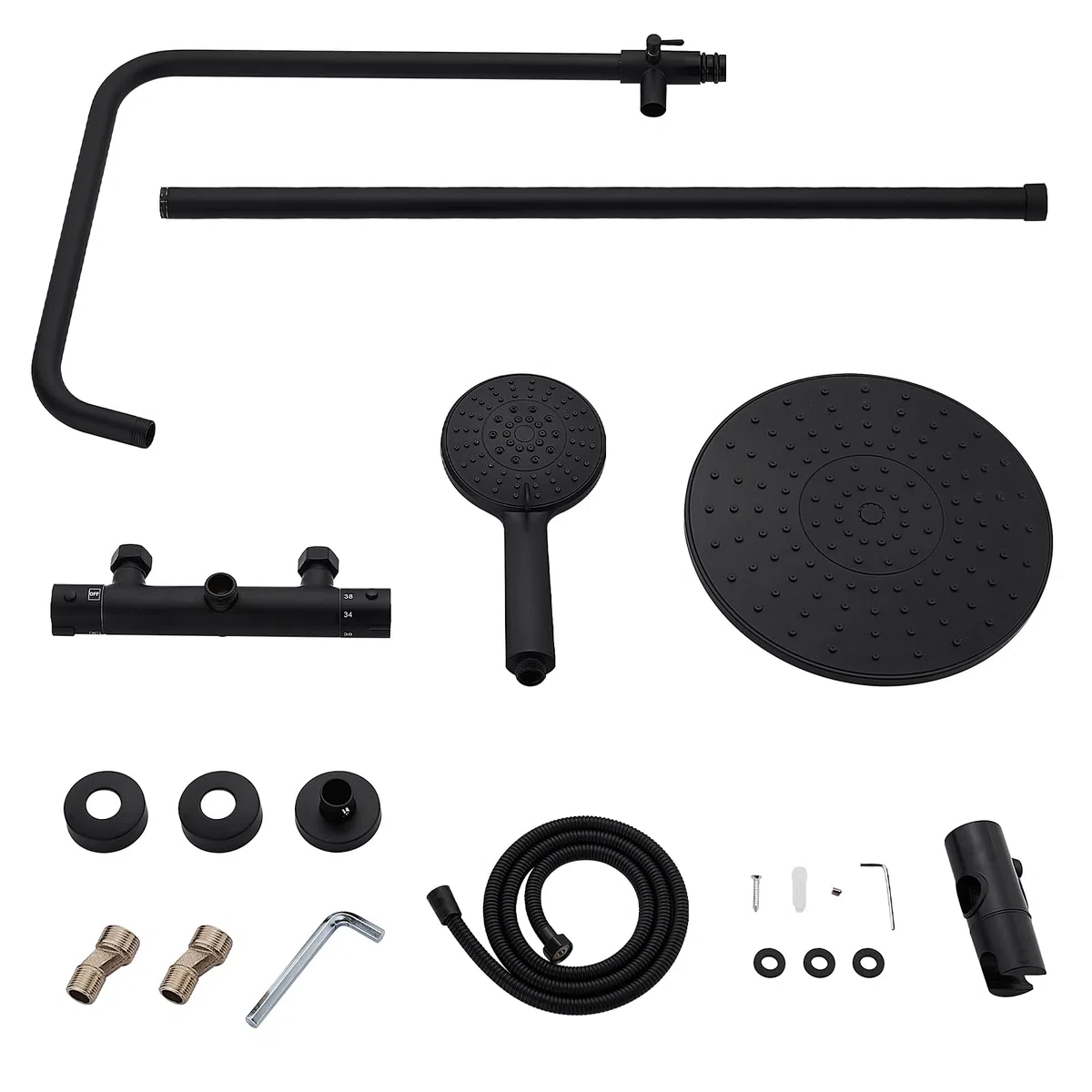 STANEW - Columna de Ducha Termostática, Conjunto de Ducha, Cuarto de Baño, Columna de Ducha, Termostato con Mezclador Ajustable en Altura, Sistema de Ducha (Negro(Redonde))