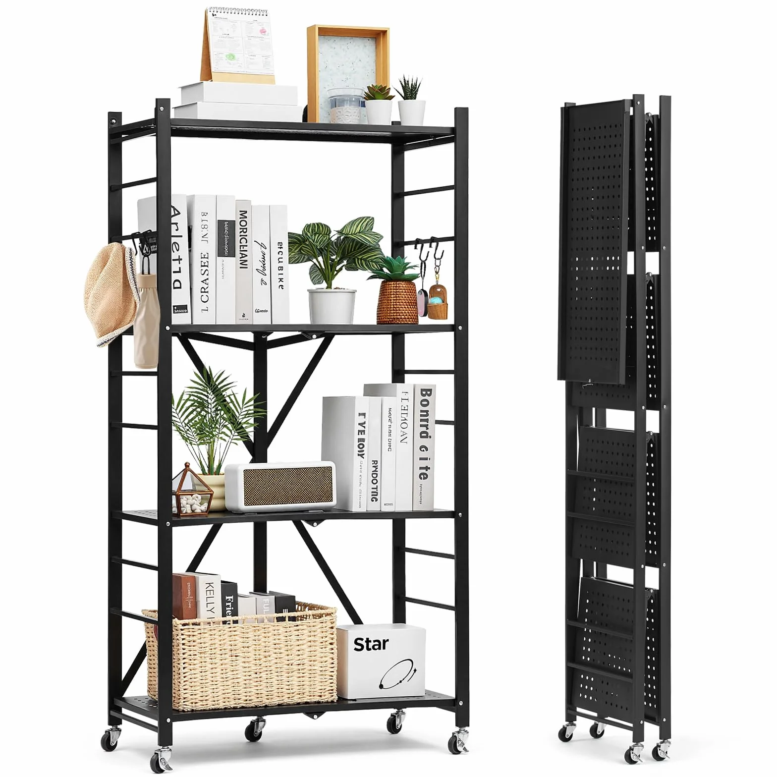VEVOR Estante de Almacenamiento Plegable de 4 Niveles con Ruedas 71 x 33 x 137 cm Estantería Metálica Móvil Resistente, sin Necesidad de Ensamblaje, Organizador para Garaje, Cocina, Sótano, Negro