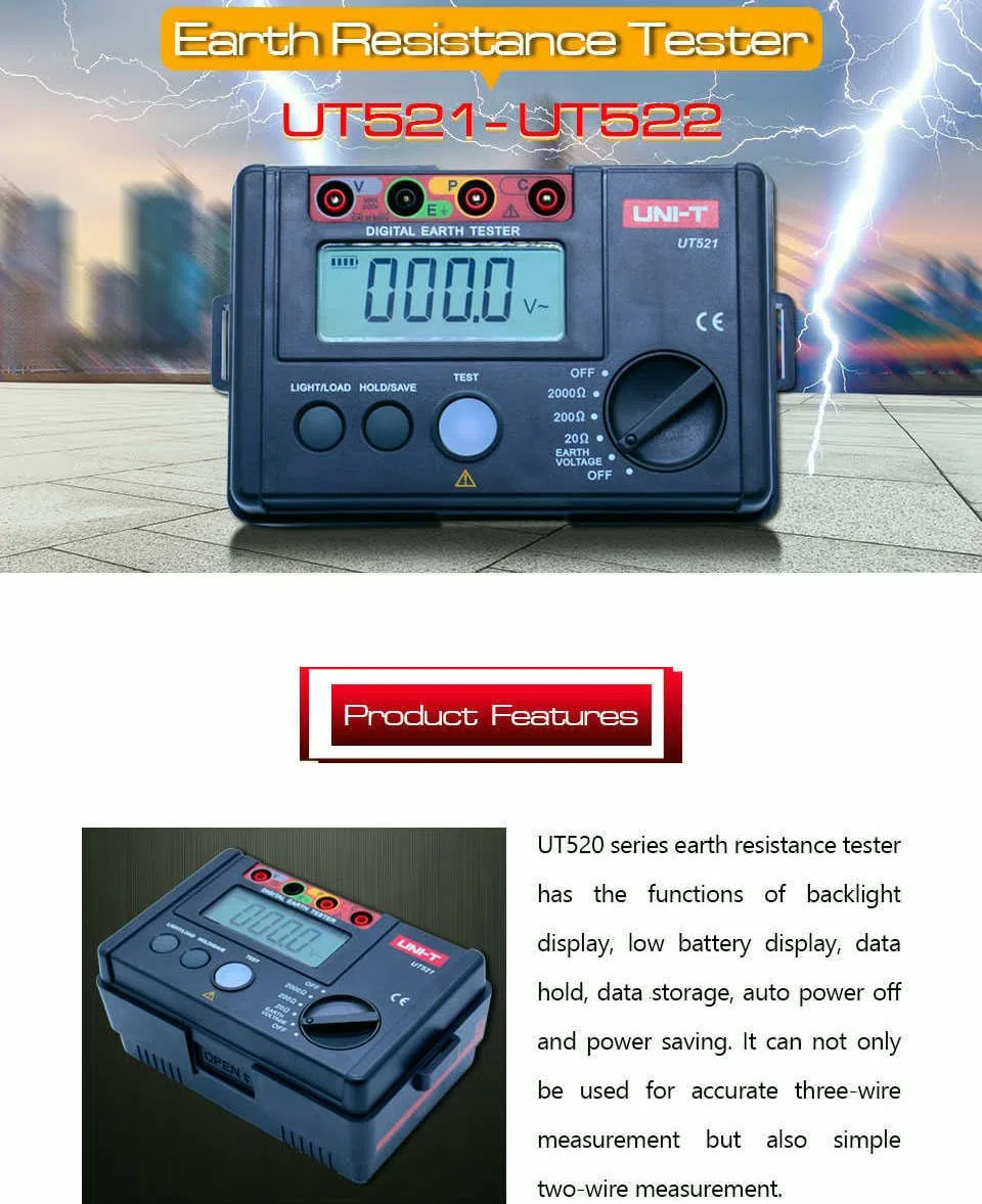 UNI-T UT521 UT522 Digital Earth Tester Ground Resistance AC Earth Insulation Resistance Tester light weight design Ground Resistance Tester Ground Resistance Voltmeter(UT521)