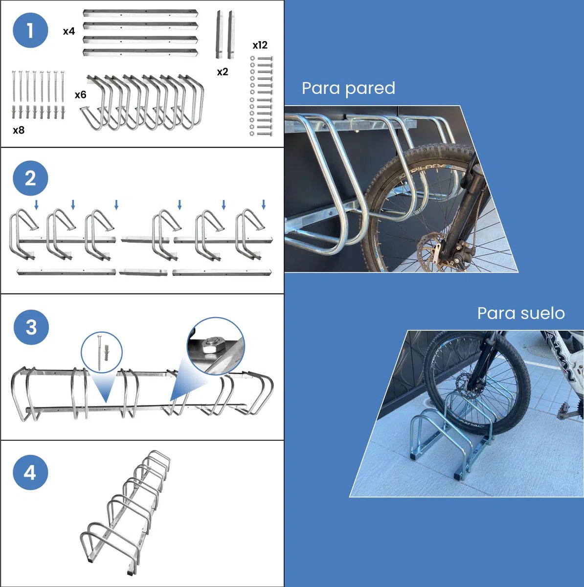 ADO - Rack – Aparcamiento para estacionar 6 Bicicletas en Suelo o Pared | Soporte para aparcar la bicicleta en acero galvanizado (12 bicicletas)