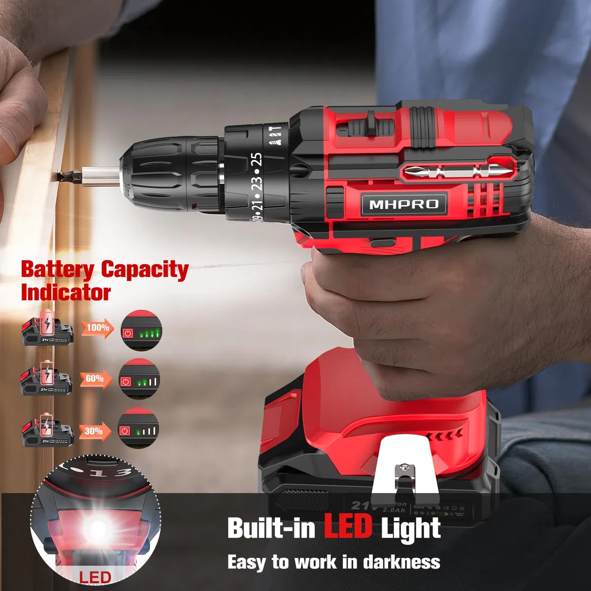 MHPRO Taladro Percutor a Bateria 21V, Taladro Atornillador Bateria con 2 Baterías 2000mAh, 42Nm, 25+3 Ajuste de Par Destornillador Electrico, 30 Accesorios, 2 Velocidad, LED Luz Para Hogar, Bricolaje