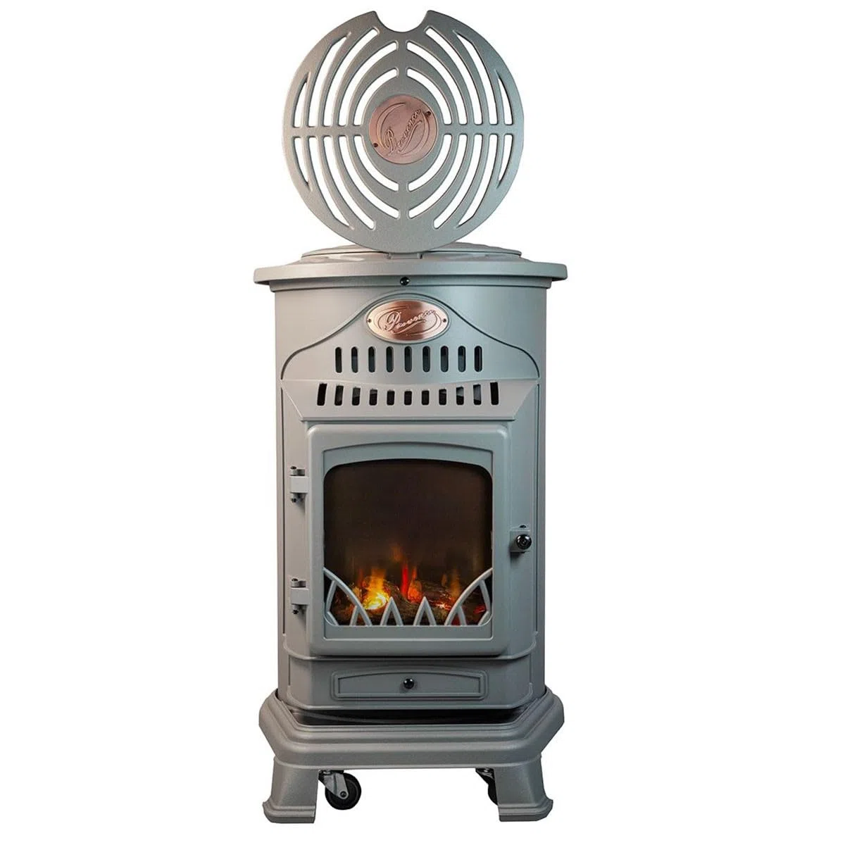 UNIVERSAL - Estufa de gas Provence 3,4 KW Gris Perla Efecto estufa de leña Hierro fundido genuino Calefacción auxiliar de gas efecto de fuego