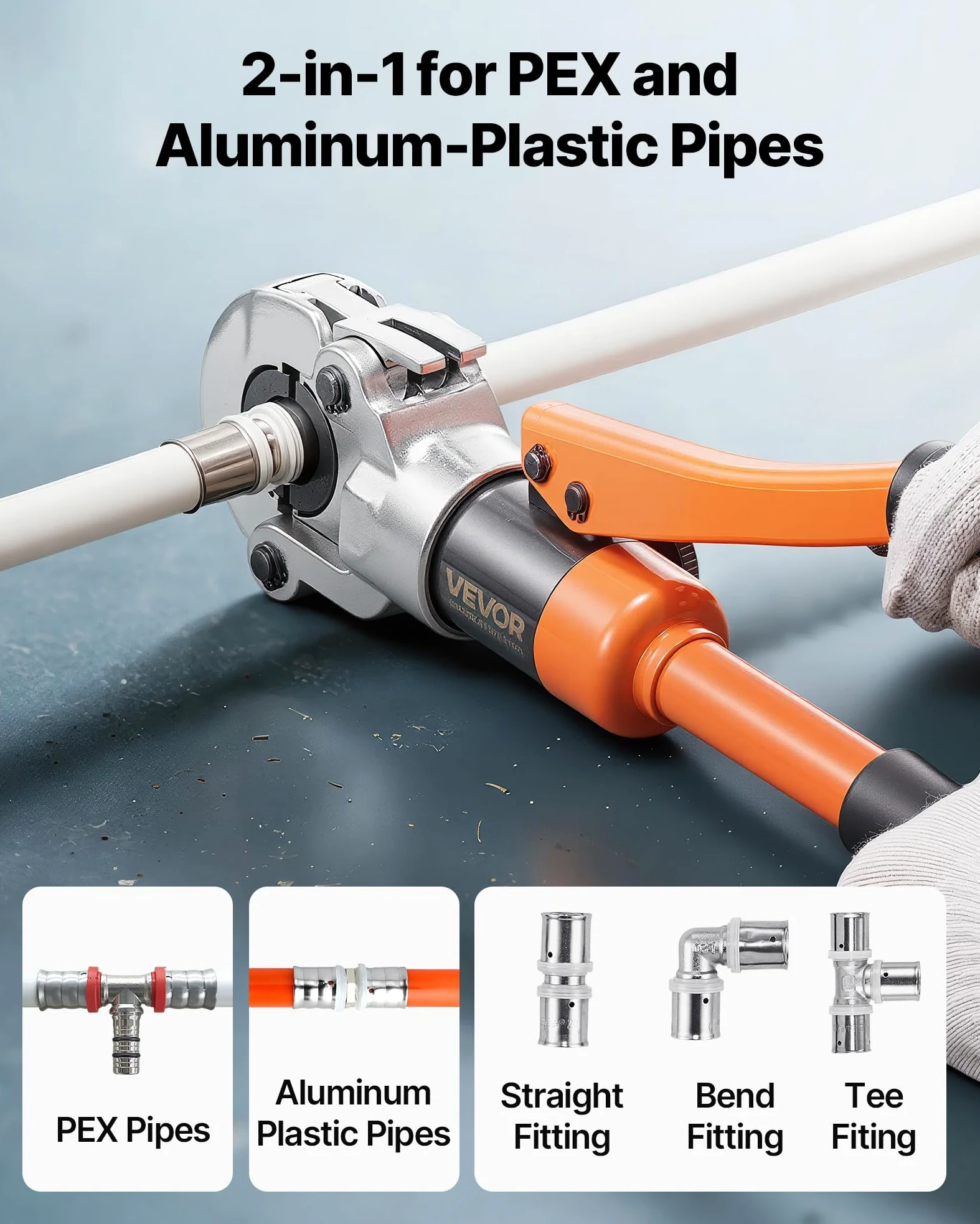 VEVOR Alicates de Prensa Hidráulica de Tuberías, Herramienta de Prensado para Tubos PEX y Aluminio-plástico con 4 Mordazas U16, U20, U25, U32 y Estuche, para Reparación, Instalación de Fontanería