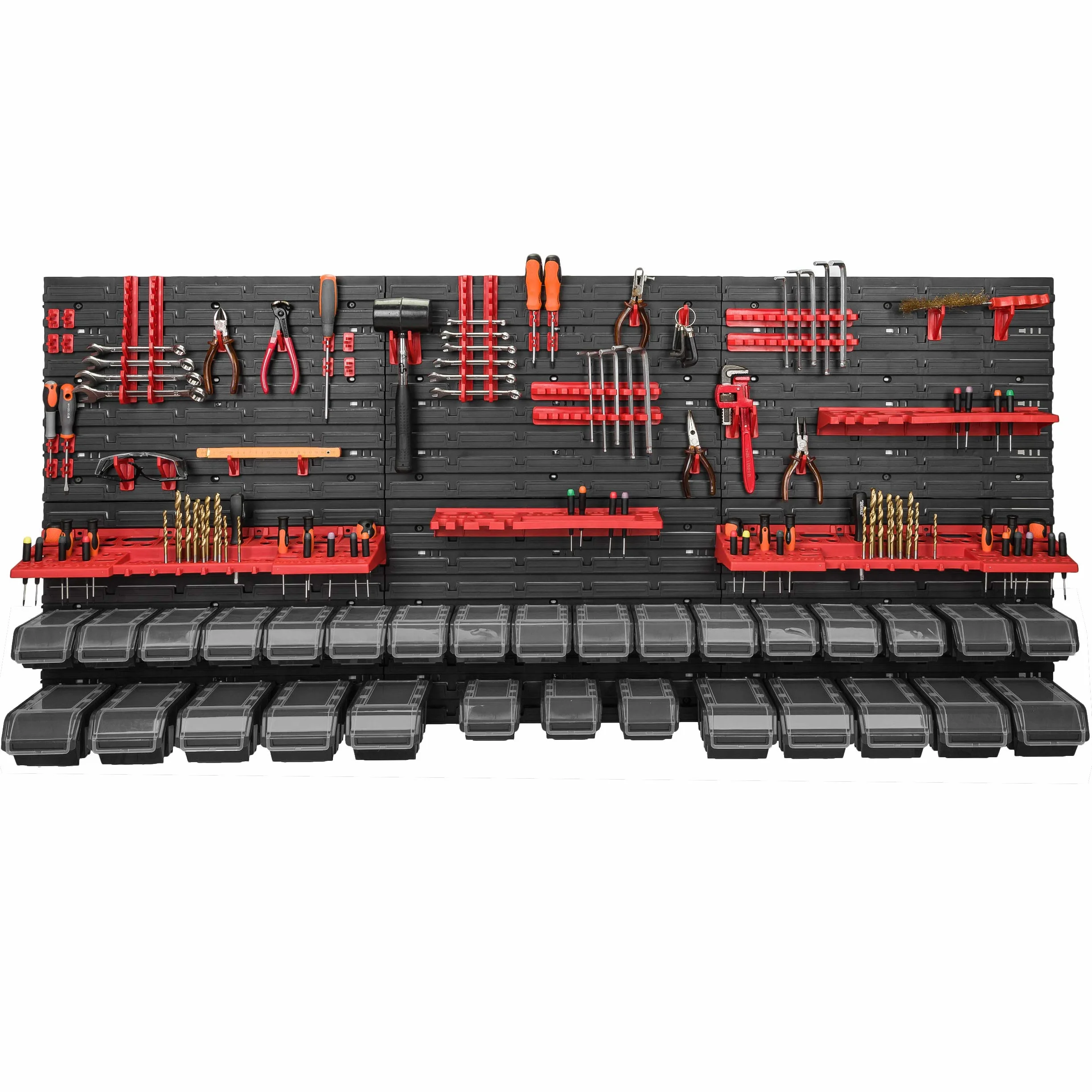 Estantería de Pared Botle de 178 x 78 cm, Kit de Almacenamiento con 30 Cajas de Plástico Negro con Tapa Transparente, Portaherramientas para Taller y Banco de Trabajo