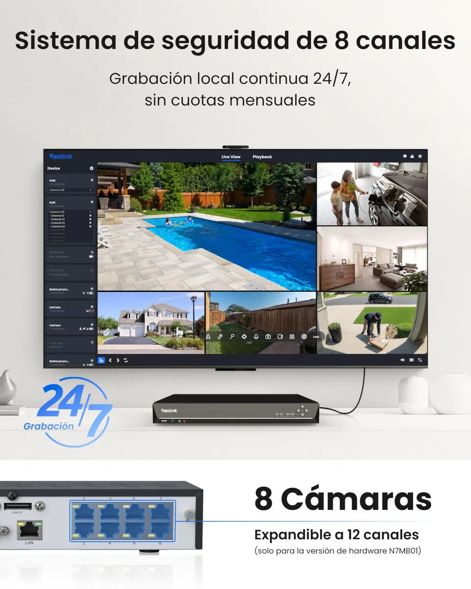 Reolink 4K PoE NVR 8 Canales Sistema de Cámara de Vigilancia IP para Hogar, Grabador de Video en Red, Soporta 16MP/12MP/8MP/5MP/4MP HD, Grabación 24/7, Disco Duro no Incluido, RLN8-410