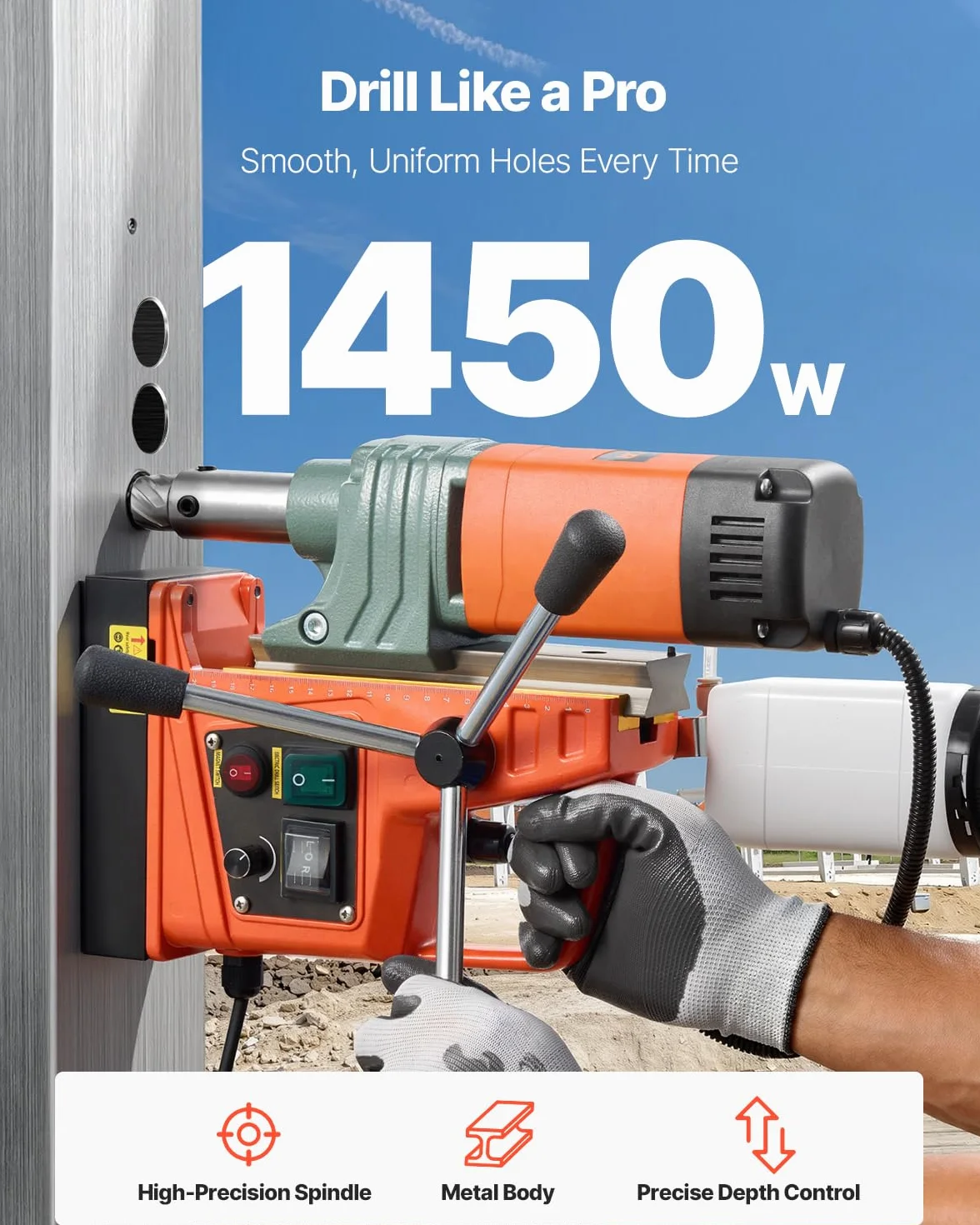 VEVOR 1450 W Taladro Magnético, Diámetro de Perforación 50 mm, Fuerza de 13000 N, Taladro Magnético Portátil con 6 Brocas, Velocidades Ajustables, Herramienta Industrial para Superficies Metálicas