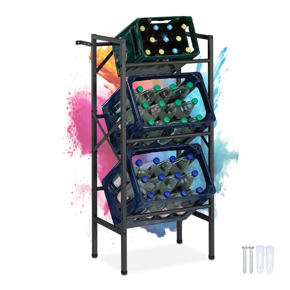 Relaxdays Estantería para Cajas de Bebida, 109x49x32 cm, 450 kg, Estante para Almacenar 3 Cajones Cerveza, Acero, Negro