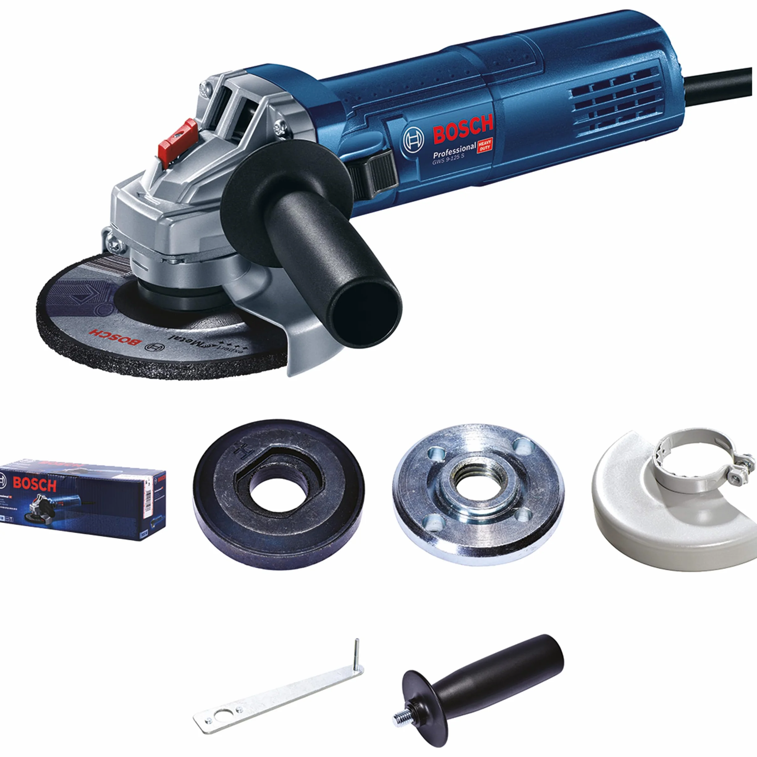 Bosch Professional amoladora angular GWS 9-125 S (potencia 900 W, velocidad en vacío: 2800-11 000 rpm, incl. brida, llave de dos agujeros, tuerca de apriete, cubierta protectora, empuñadura auxiliar)