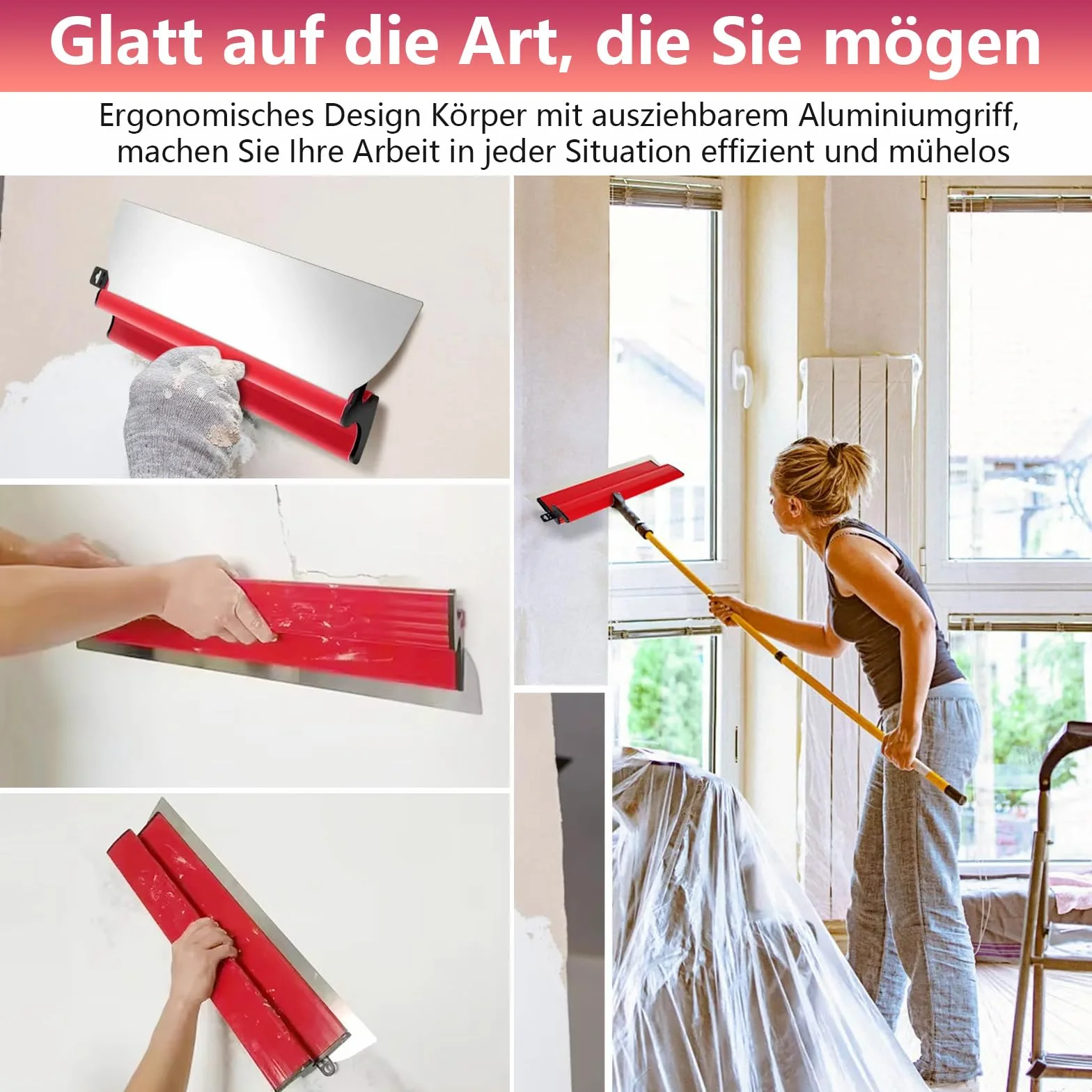 Juego de espátulas de superficie, 11 espátulas (4 herramientas y 4 hojas de acero inoxidable intercambiables, barra telescópica de 1,2 m y caja de transporte), mango ergonómico, para enyesar paredes y