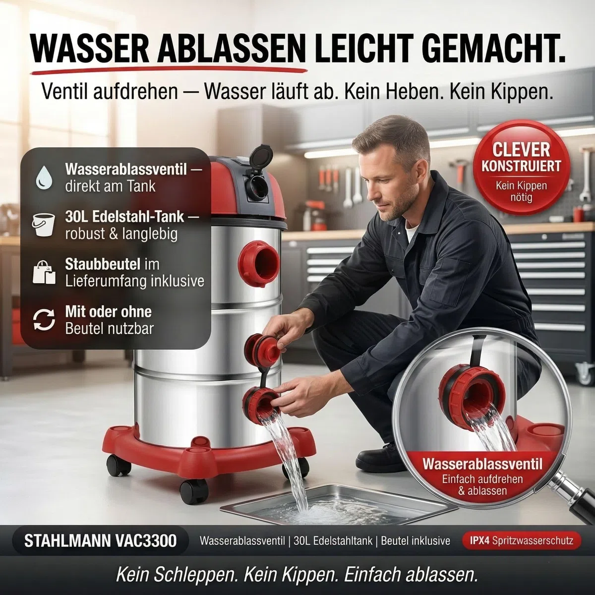 STAHLMANN VAC3300 - Aspiradora industrial en seco (depósito 30 L, enchufe integrado, 3300 W, con y sin bolsa, función de soplado, conexión a máquina, dispositivo profesional