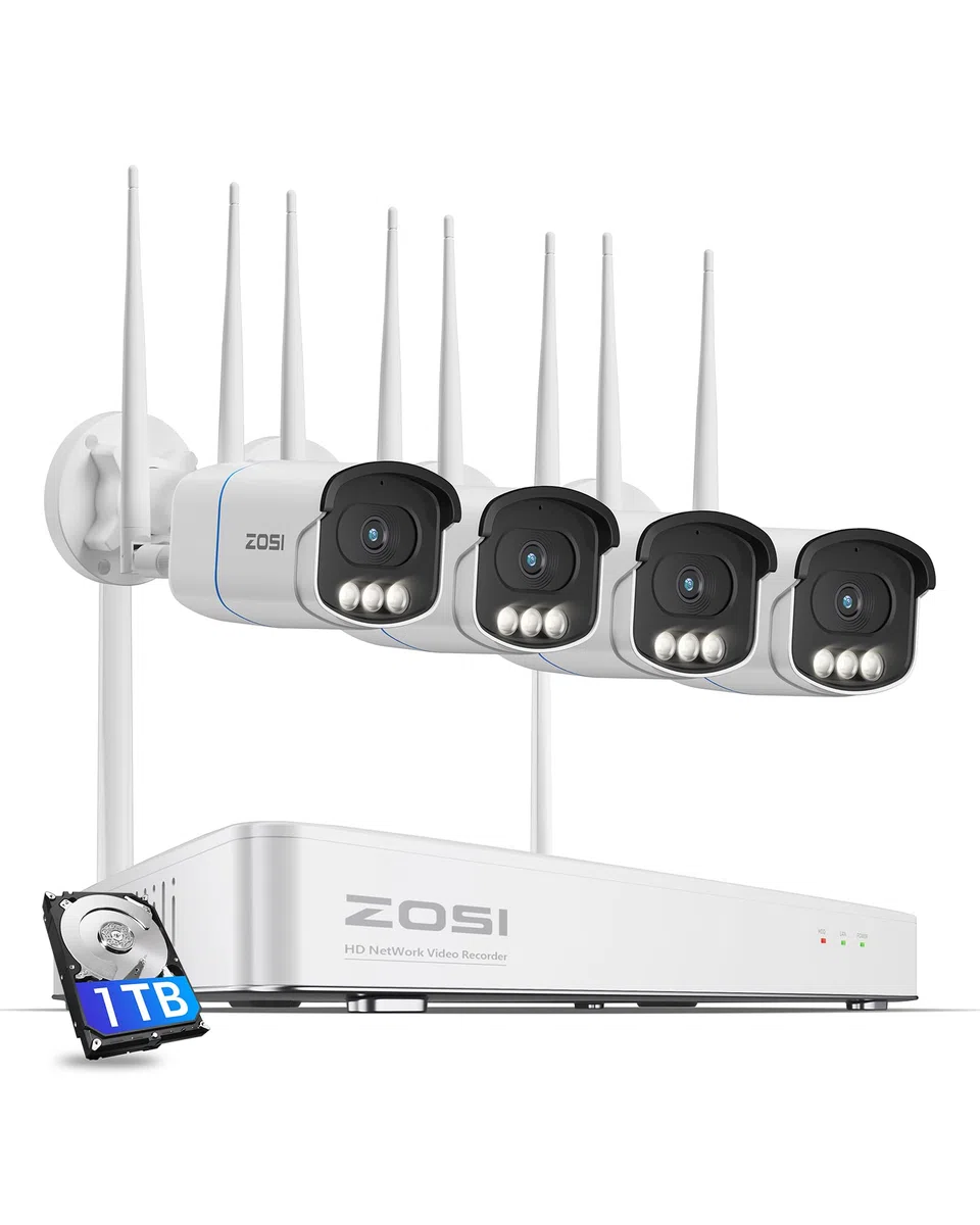 ZOSI Kit Cámaras de Vigilancia WiFi 4pcs 5MP Cámara Seguridad Exterior/Interior con 4K 8CH CCTV Grabador NVR y 1TB Disco Duro, Visión Nocturna Color, Detección de Persona y Vehículo, Grabación 24/7