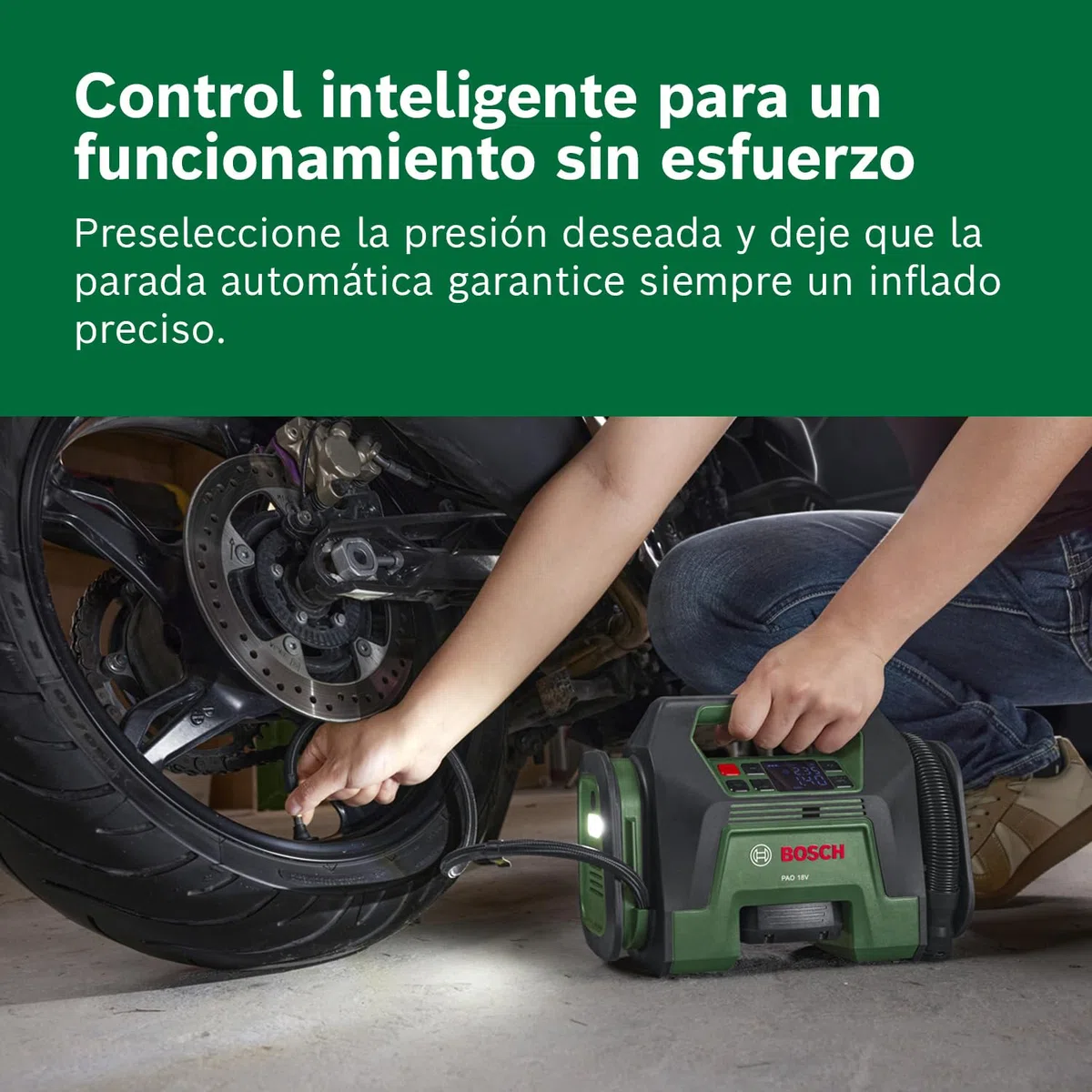 Bosch compresor de aire a batería PAO 18V (infla desde neumáticos a inflables grandes; clip aire comprimido válvula de neumáticos, válvula francesa, boquilla balones, adaptador volumen incl.)