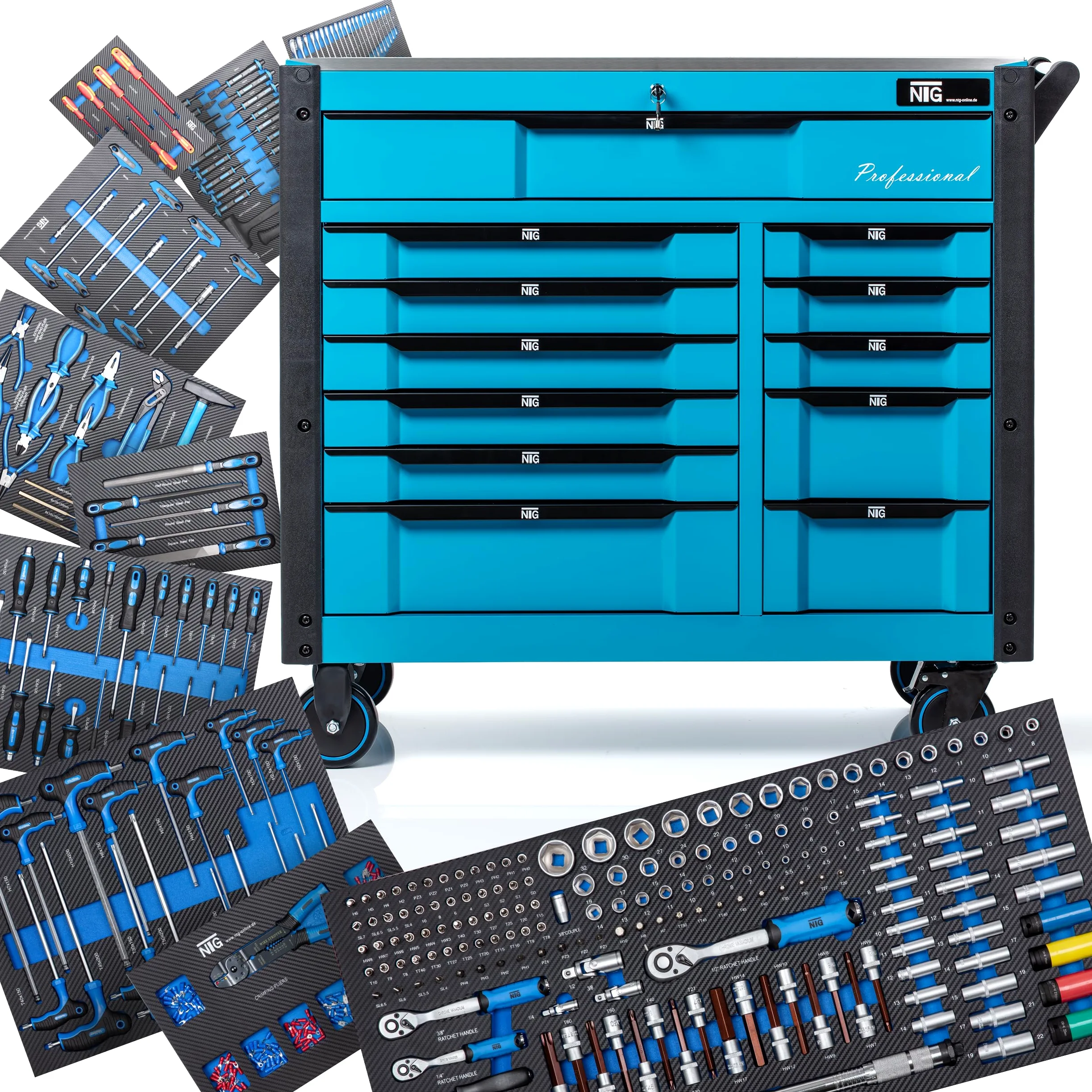 NTG Carro de herramientas XXL equipado con herramientas | 457 piezas | +12 cajones con cerradura | 10 de ellos con herramientas | con inserciones suaves en aspecto de carbono | carro de taller caja de