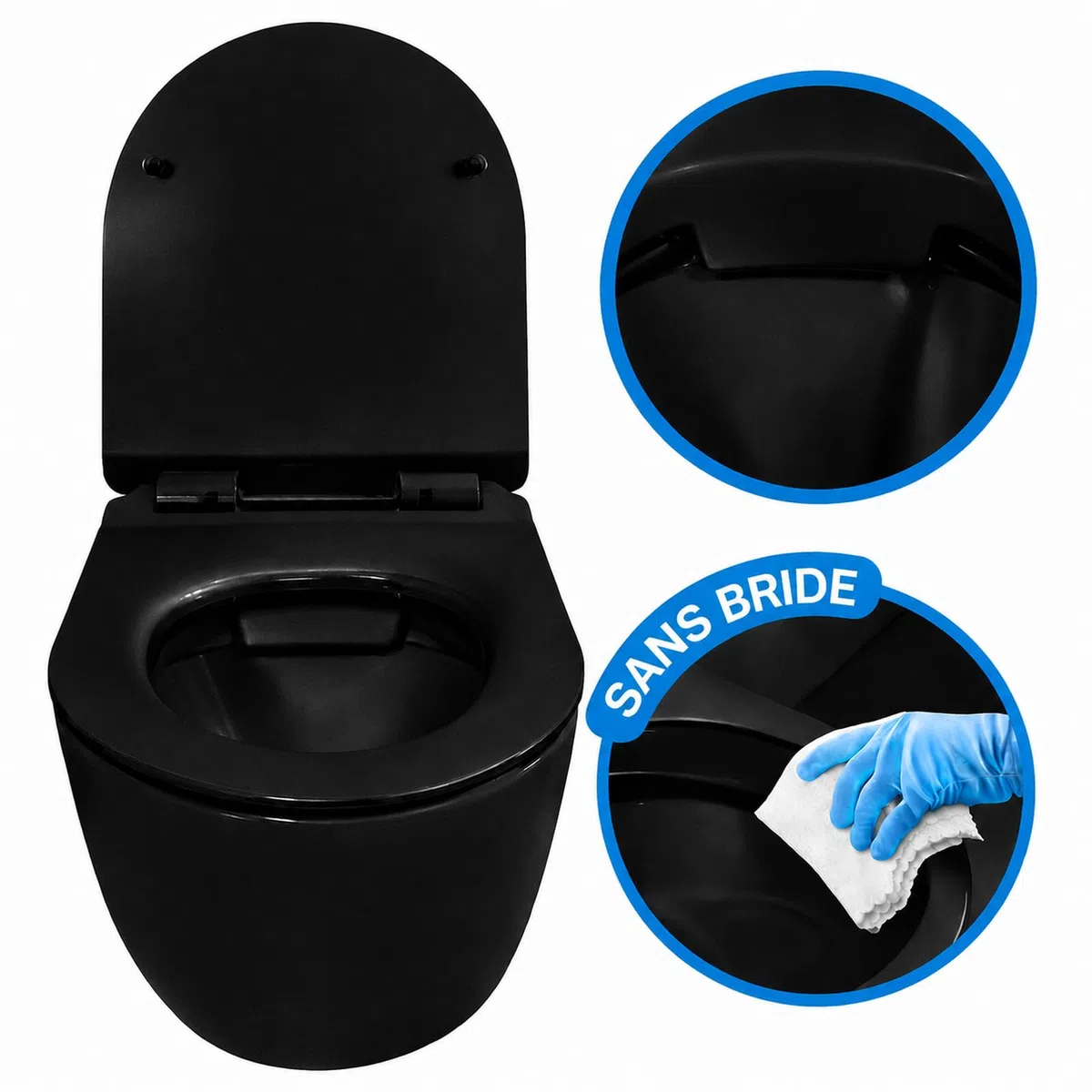 Inodoro suspendido completo - Cerámica - Sin bridas - Negro brillo - Soft-close - Cisterna empotrada CHRONO - Pulsador negro CROMO - Tapa extra fina - Diseño elegante y moderno