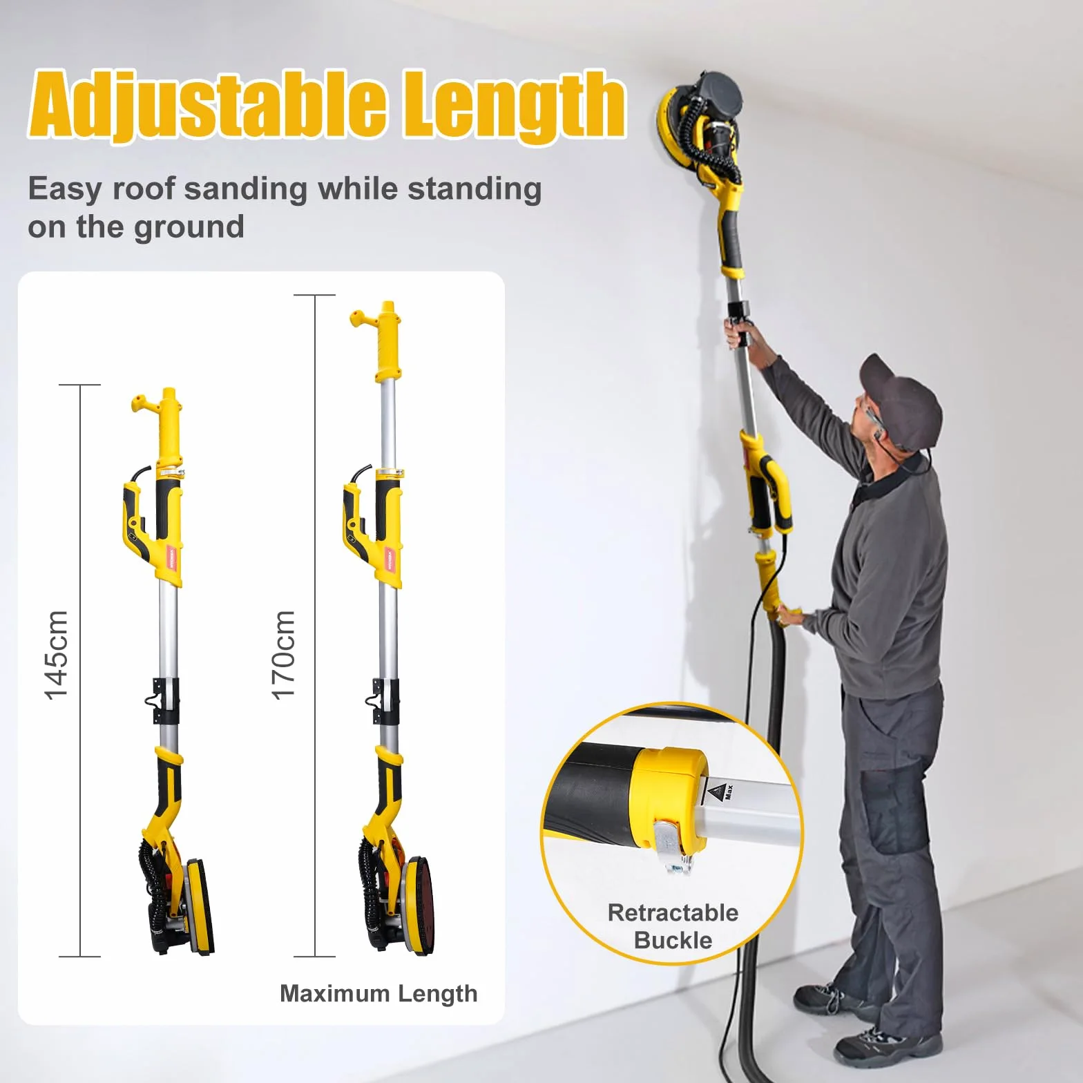 HYCHIKA Lijadora Pared con Aspirador, Mango Plegable Extensible, Lijadora Jirafa con Luz LED, Velocidad de 6 Marchas, Diámetro Del Disco de Molienda 214 mm
