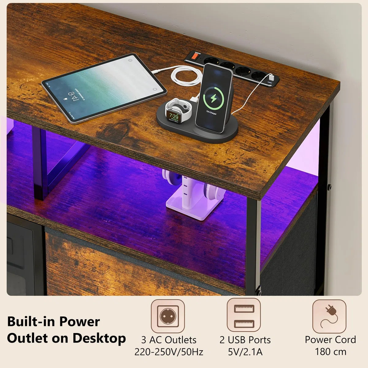 Waleaf Mueble para TV con Chimenea Eléctrica y 4 Cajones de Tela, 4 Enchufes, 2 USB, Tiras LED Multicolor, 124 x 29,8 x 74 cm, para Dormitorio y Salón