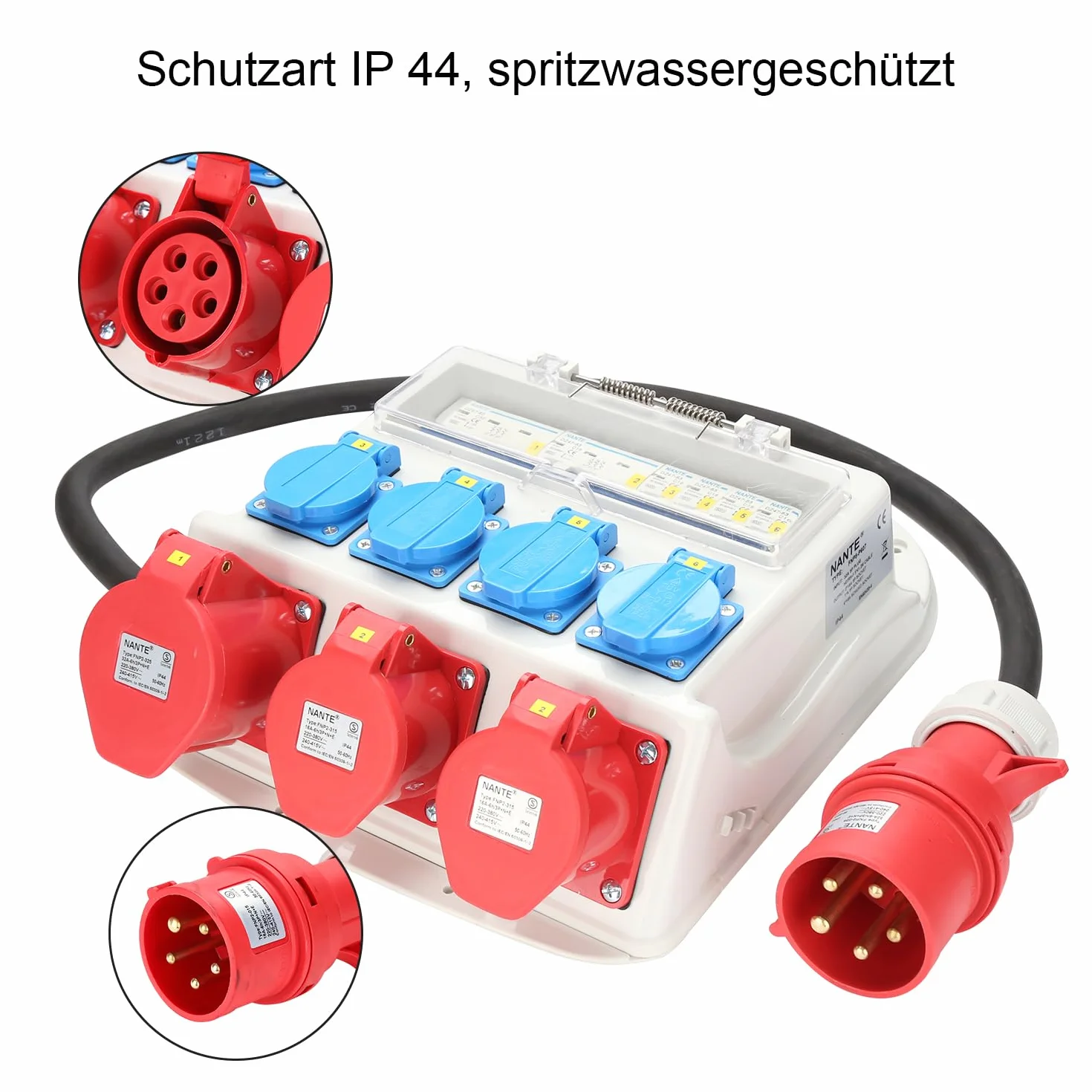 Distribuidor de pared, 2 x CEE 16A 400V+1 x CEE 32A 400V+4 x 230V Schuko IP44 Distribuidor de corriente de obra de 5 polos, cable de goma resistente alimentación, tomas de corriente