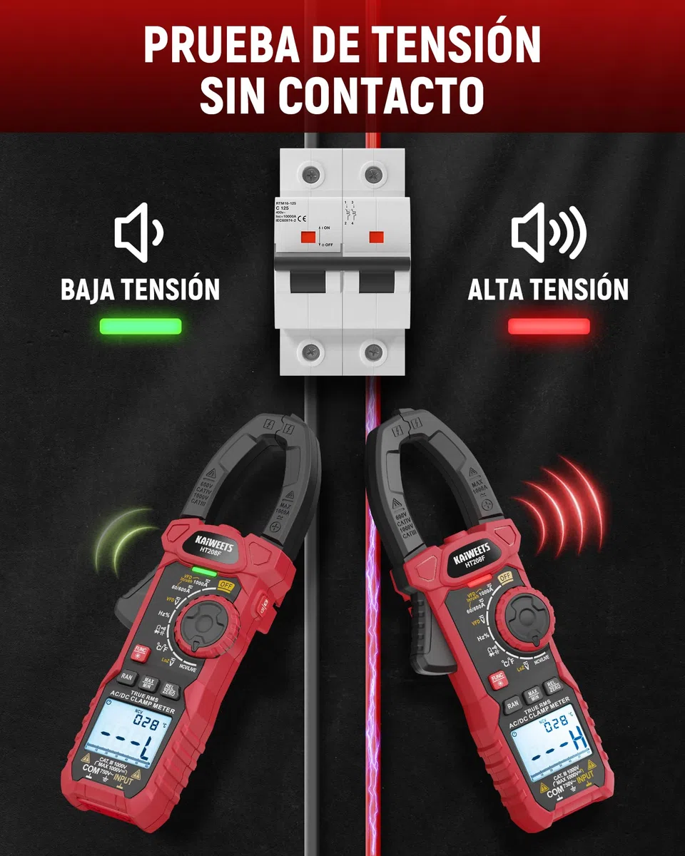Pinza Amperimétrica KAIWEETS 1000A CA/CC, Pinza Amperimetrica De Conteo HT208F 6000, Modo Vfd y Loz, Pantalla Mejorada en Blanco y Negro, AC/DC, Resistencia, Capacitancia, Medición De Sobrecorriente