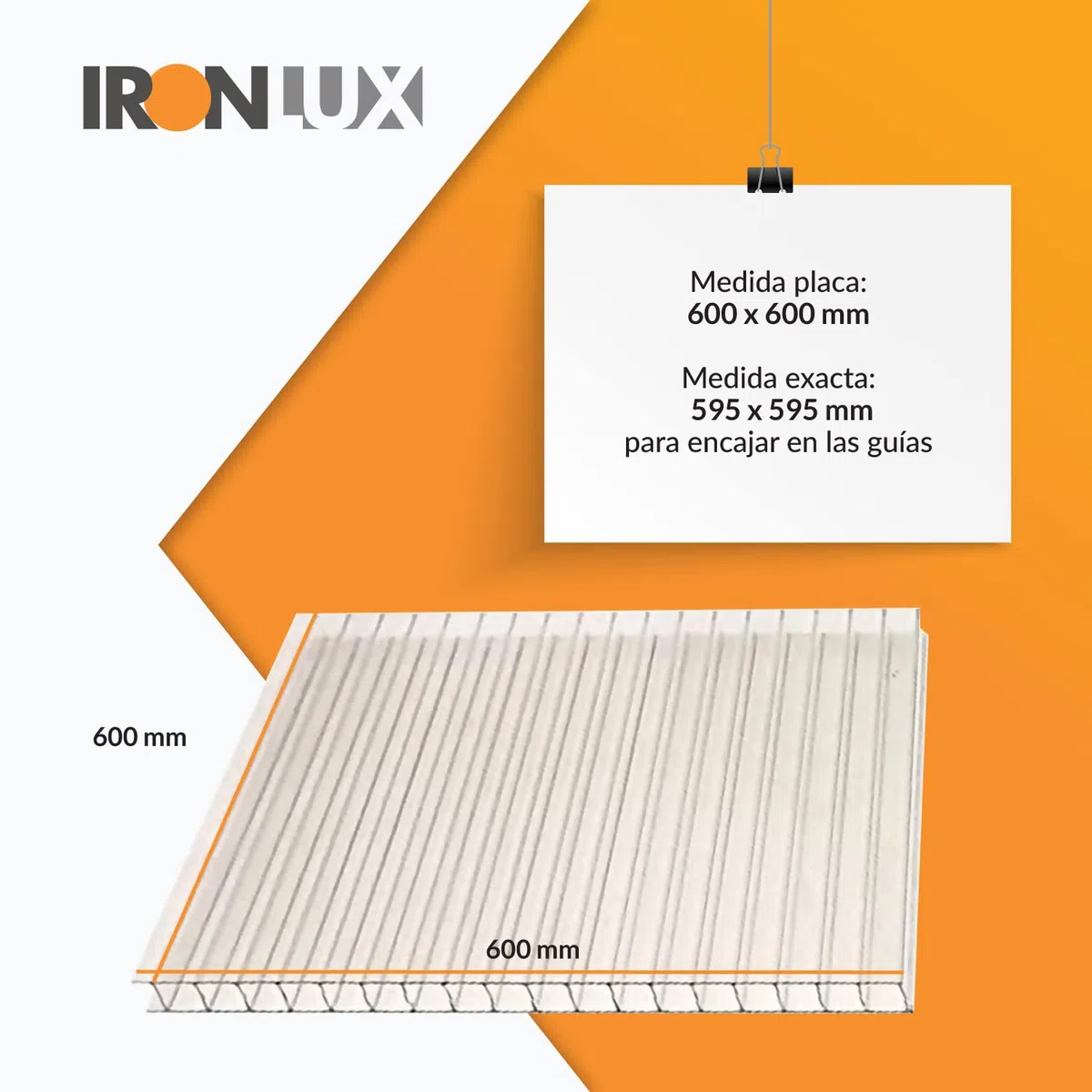 Kit 10 Planchas policarbonato transparente para falso techo 6mm - Medida exacta: 595x595 para encajar en las guías - Protección UV