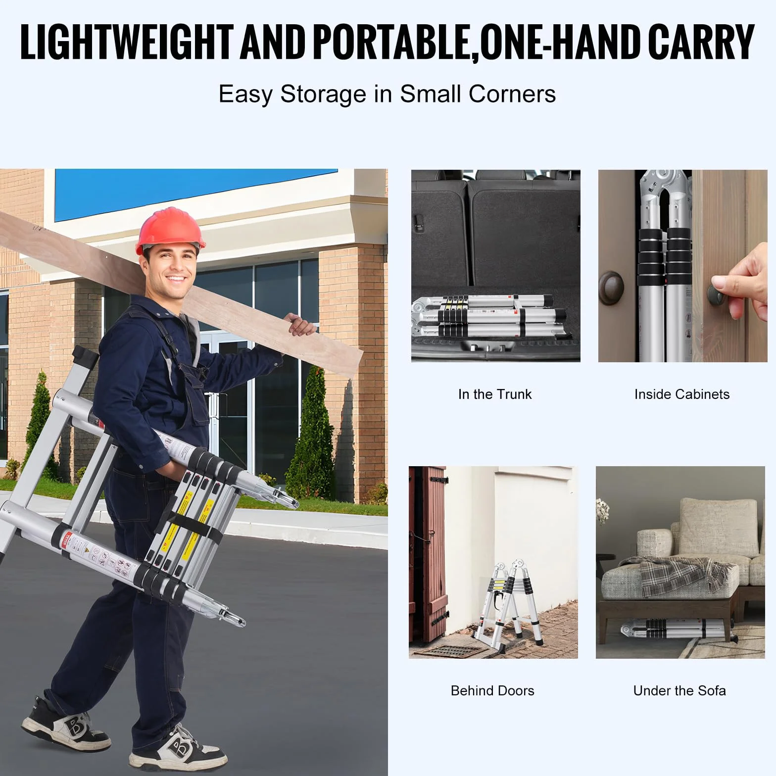 VEVOR Escalera Telescópica, de Aluminio, en Forma de A, Ligera, Plegable, con Retracción de Múltiples Botones, Carga 170 kg, con Barra Estabilizadora, para Vehículos Recreativos, 465 x 165 x 865 mm