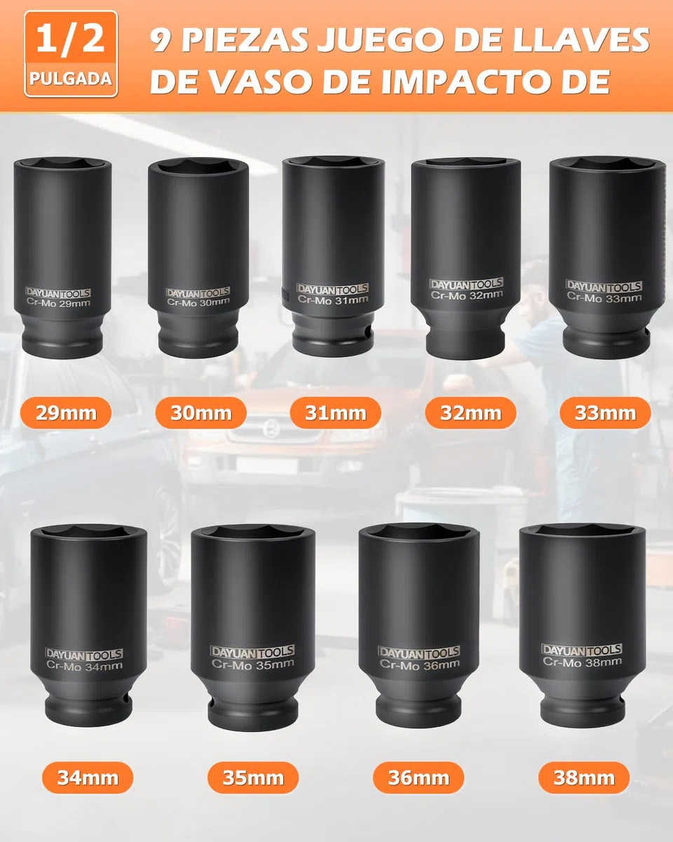 Juego de 9 tuercas de eje de impacto de 1/2 pulgada 29 30 31 32 33 34 35 36 38 mm