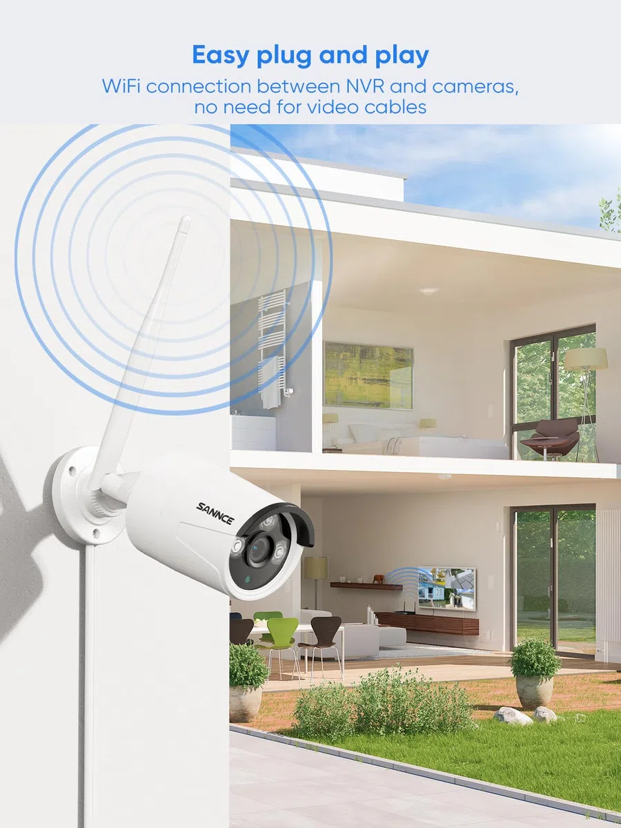 SANNCE Kit de cámaras de vigilancia con 4 X 5MP, cámara de vigilancia inalámbrica 10CH NVR, detección AI de Personas, Resistente al Agua IP66, Compatible con Alexa, Audio bidireccional