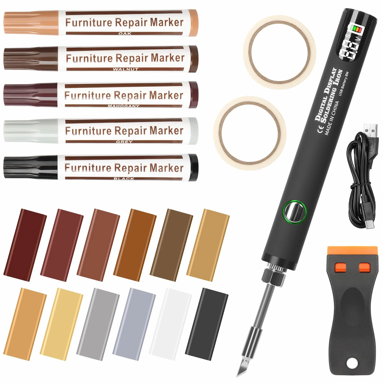 Herenear Kit de Reparación de Laminado, 22 Piezas Kit de Reparación de Madera Masilla, 12 Colores Cera Reparación Madera, Reparación Grietas, Arañazos, Agujeros