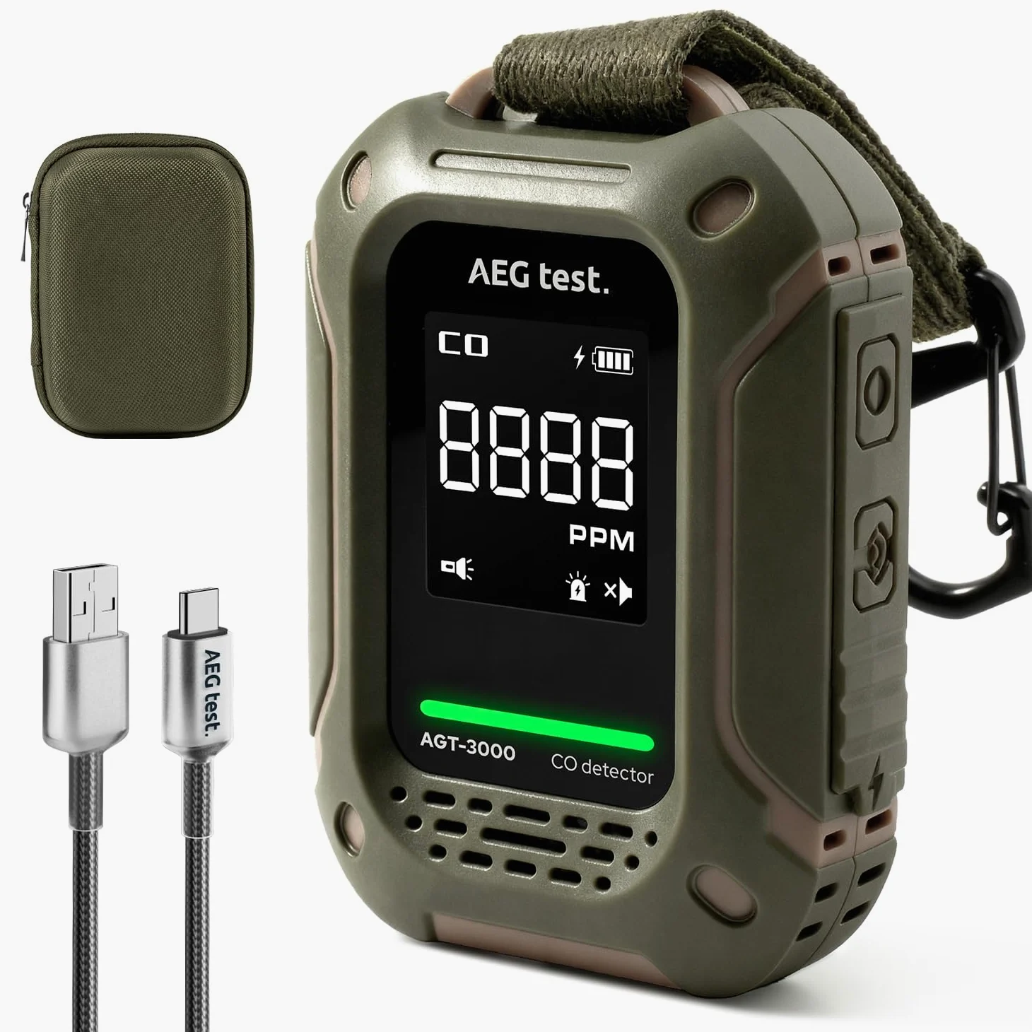 AGT-3000 Detector portátil de monóxido de Carbono, 240 h en Espera, Sensor CO Mejorado para Viajes, Detector CO Recargable con alertas sonoras y visuales, medidor CO para Camping, 0–1000 ppm