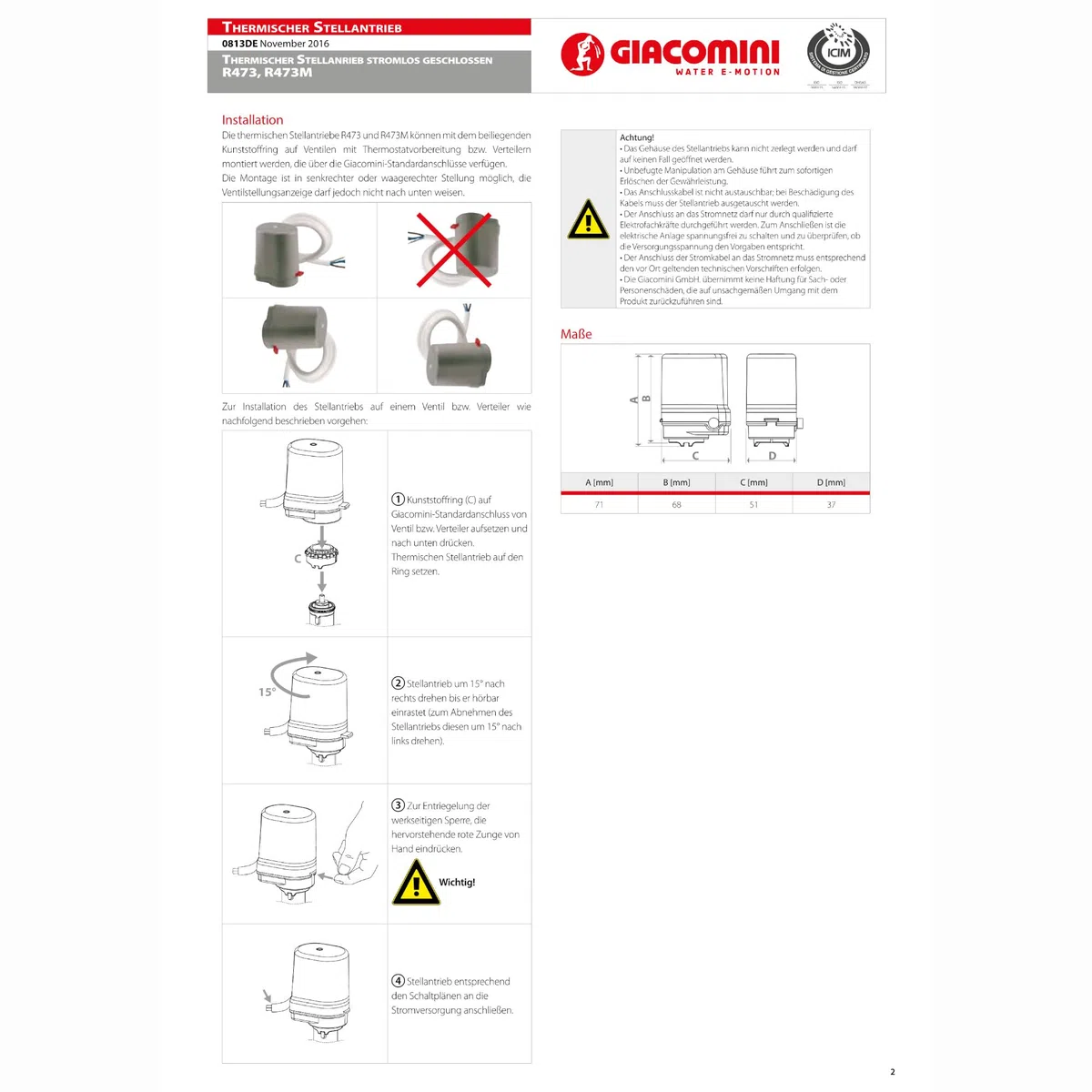 Giacomini Actuador térmico, 24V NC, R473, R473X222
