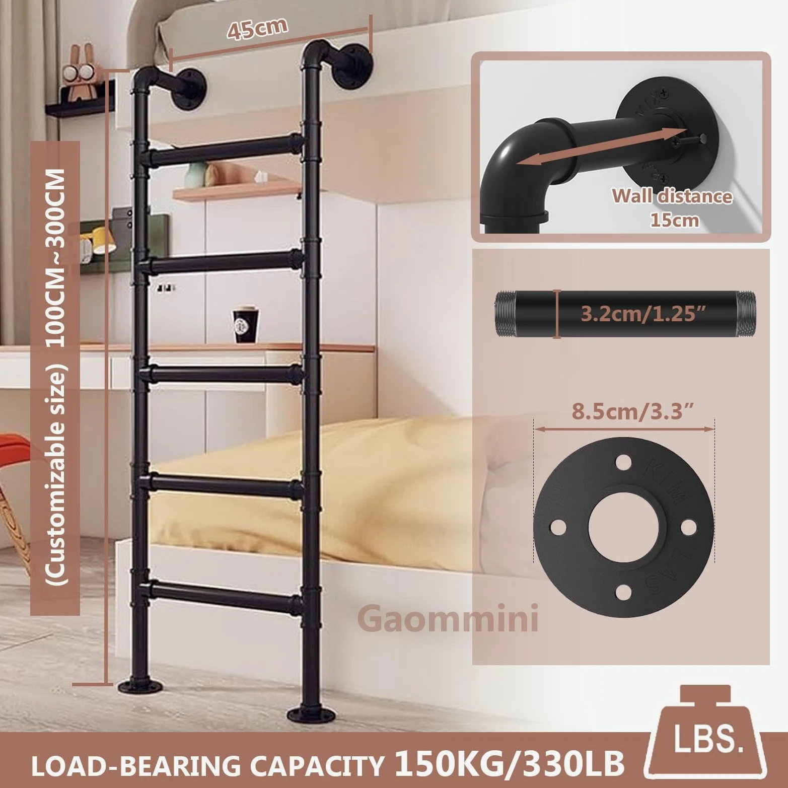 Escaleras de Pared para Interiores y Exteriores, Escalera Industrial de Hierro para literas, de 39, 49, 51, 55, 59 y 71 Pulgadas, Escalera de Salida de sótanos, de Metal Negro(130cm/51in)