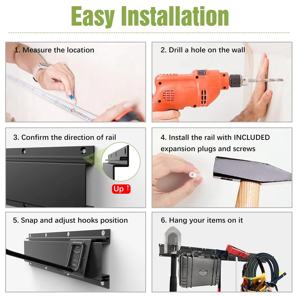 Housolution Juego de Ganchos Deslizables de Pared 121 cm, Soporte Colgador de Aleación de Aluminio y Acero con 6 Ganchos y 3 Rieles, Organizador para Guardar Herramientas de Garaje Jardín