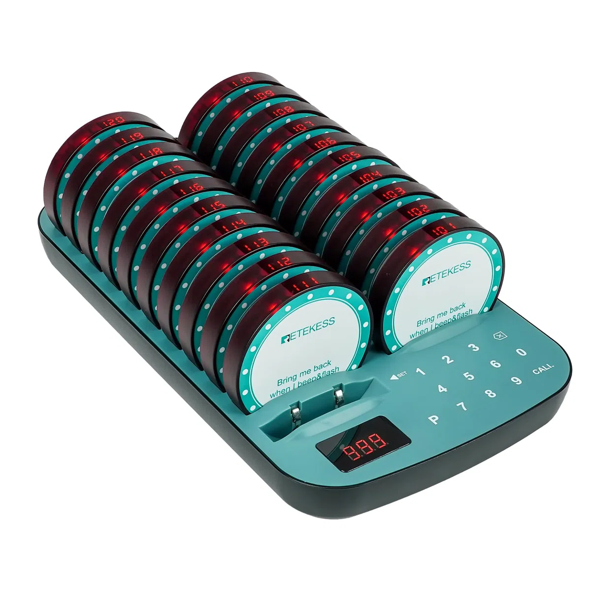 Retekess TD167A Buscapersonas Restaurante, 500M Avisadores Hosteleria, 20 Buscapersonas, Emparejamiento con Una Tecla, 7 Modos de Llamada, 300 mAh 24H, Avisador Clientes para Hotele, Bar, Café