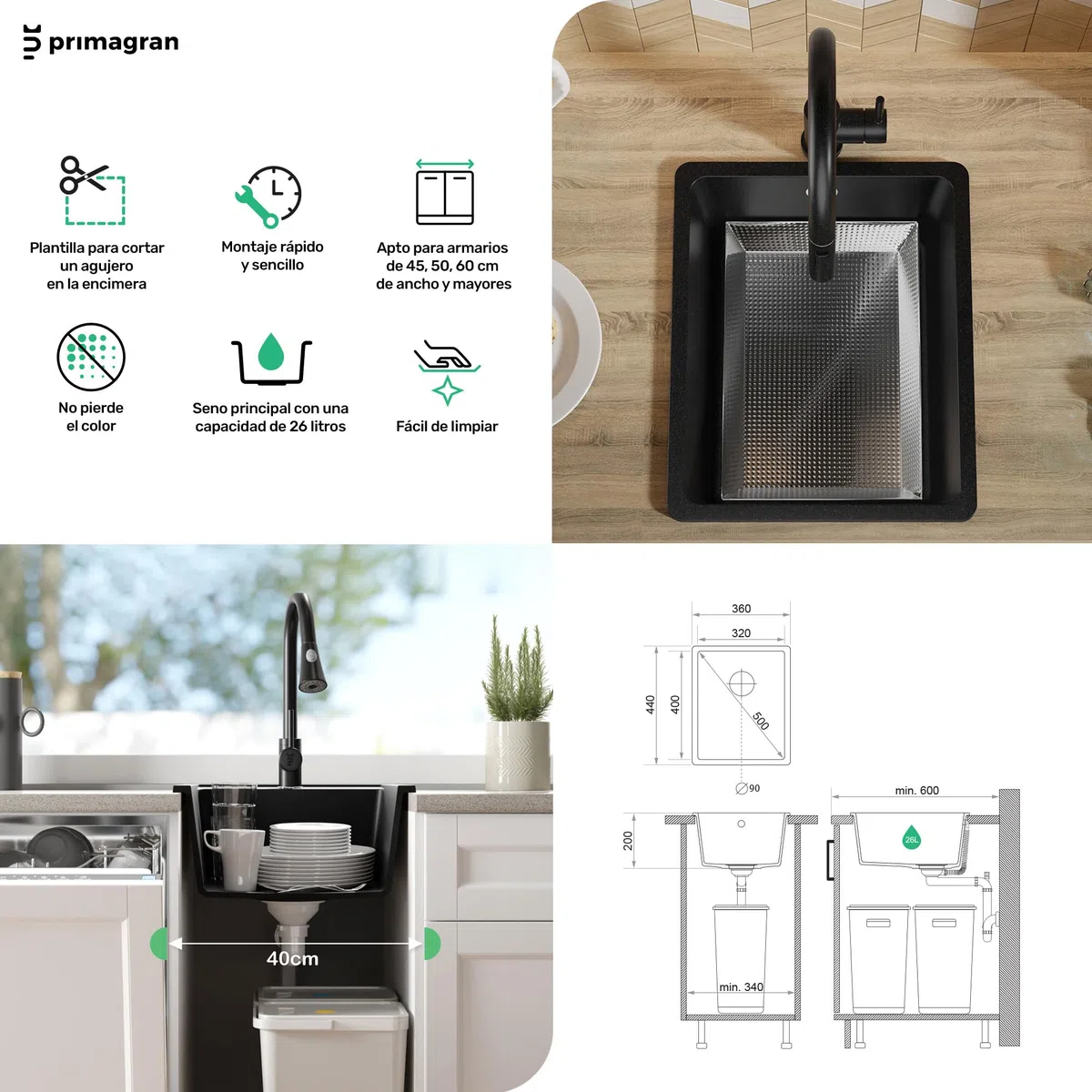 PRIMAGRAN Fregadero Cocina Blanco 36x44cm, Granito 1 Seno + Sifón, Sobre Encimera al Mueble 40cm - Venecia Easy Slim S002