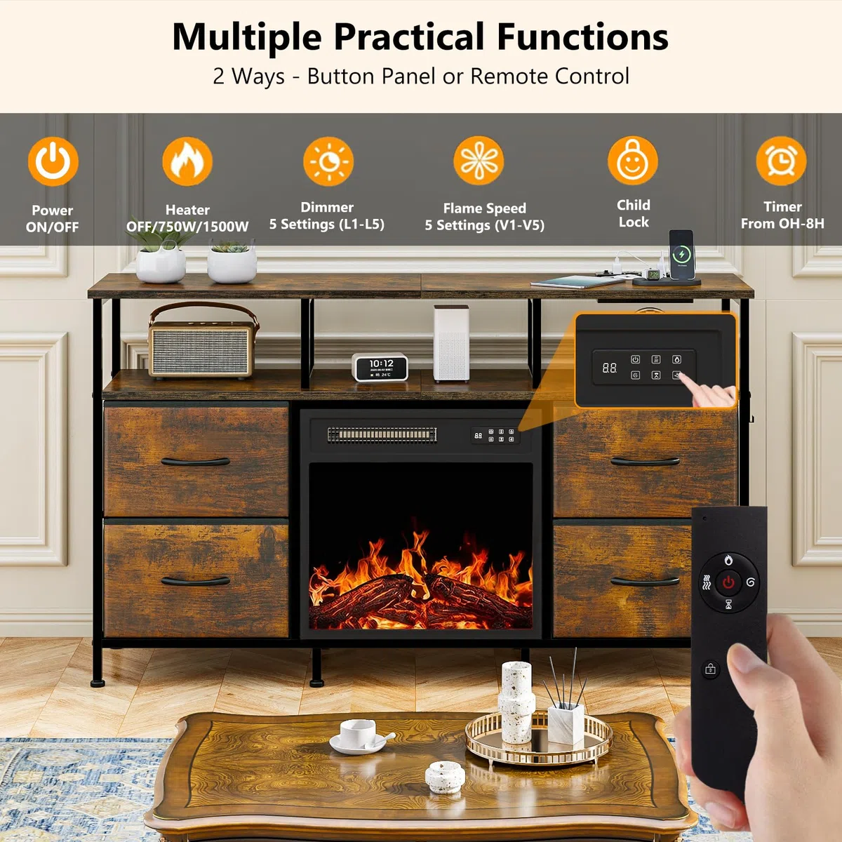 Waleaf Mueble para TV con Chimenea Eléctrica y 4 Cajones de Tela, 4 Enchufes, 2 USB, Tiras LED Multicolor, 124 x 29,8 x 74 cm, para Dormitorio y Salón