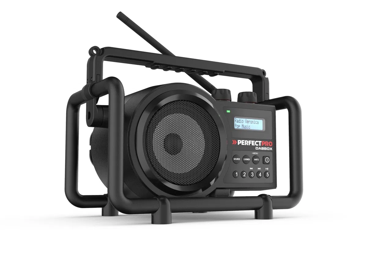 PerfectPro Radio DABBOX, Dab+ y recepción FM, Cargador de batería Integrado para batería Universal, Bluetooth, Recargable, Entrada Auxiliar, Resistente a los Golpes, IP54, DBX3