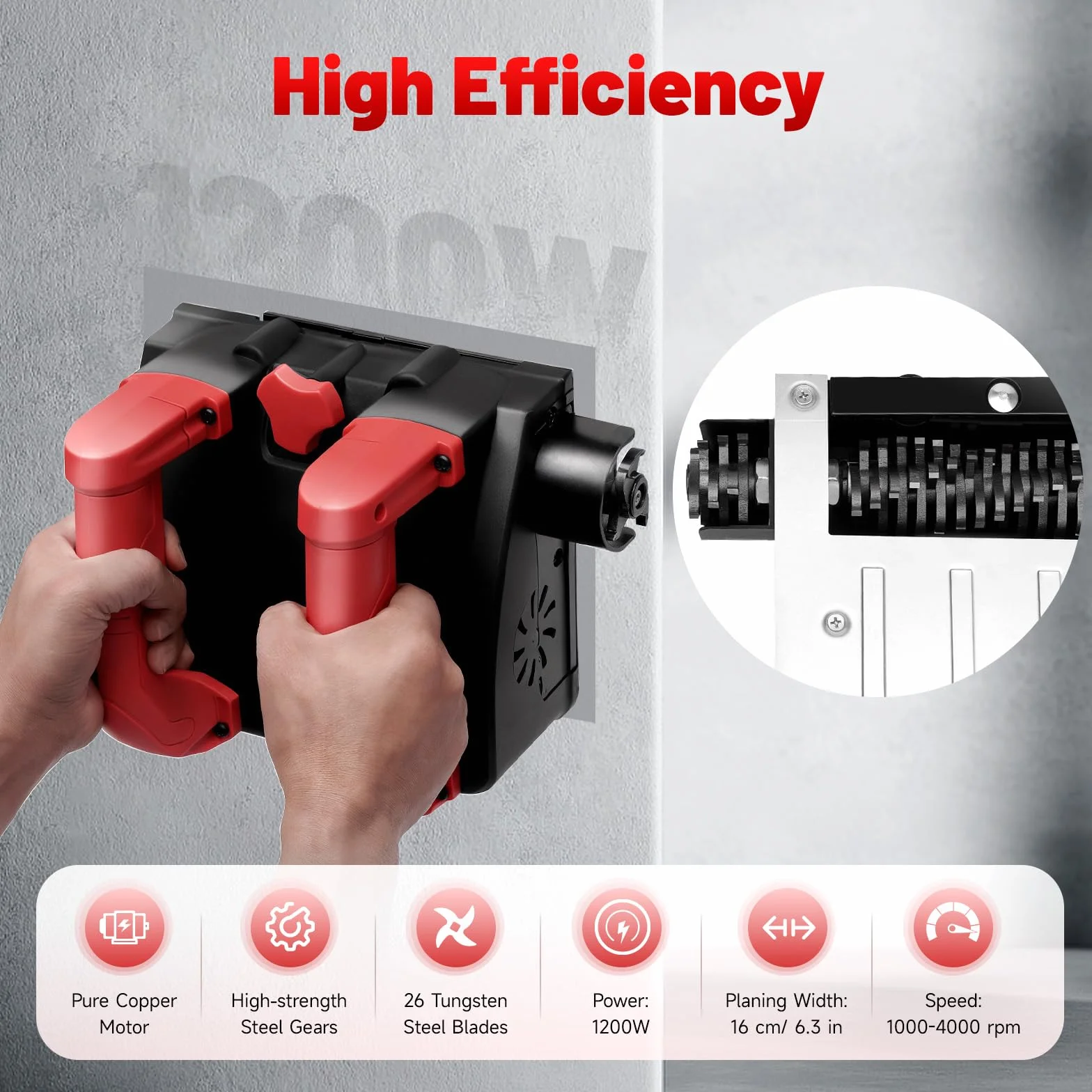 Fresadora de hormigón para superficies duras, 1200 W, 4000 UPM, fresadora de reacondicionamiento, fresadora de muros, lijadora de hormigón, lijadora de rodillo, fresadora (negro)
