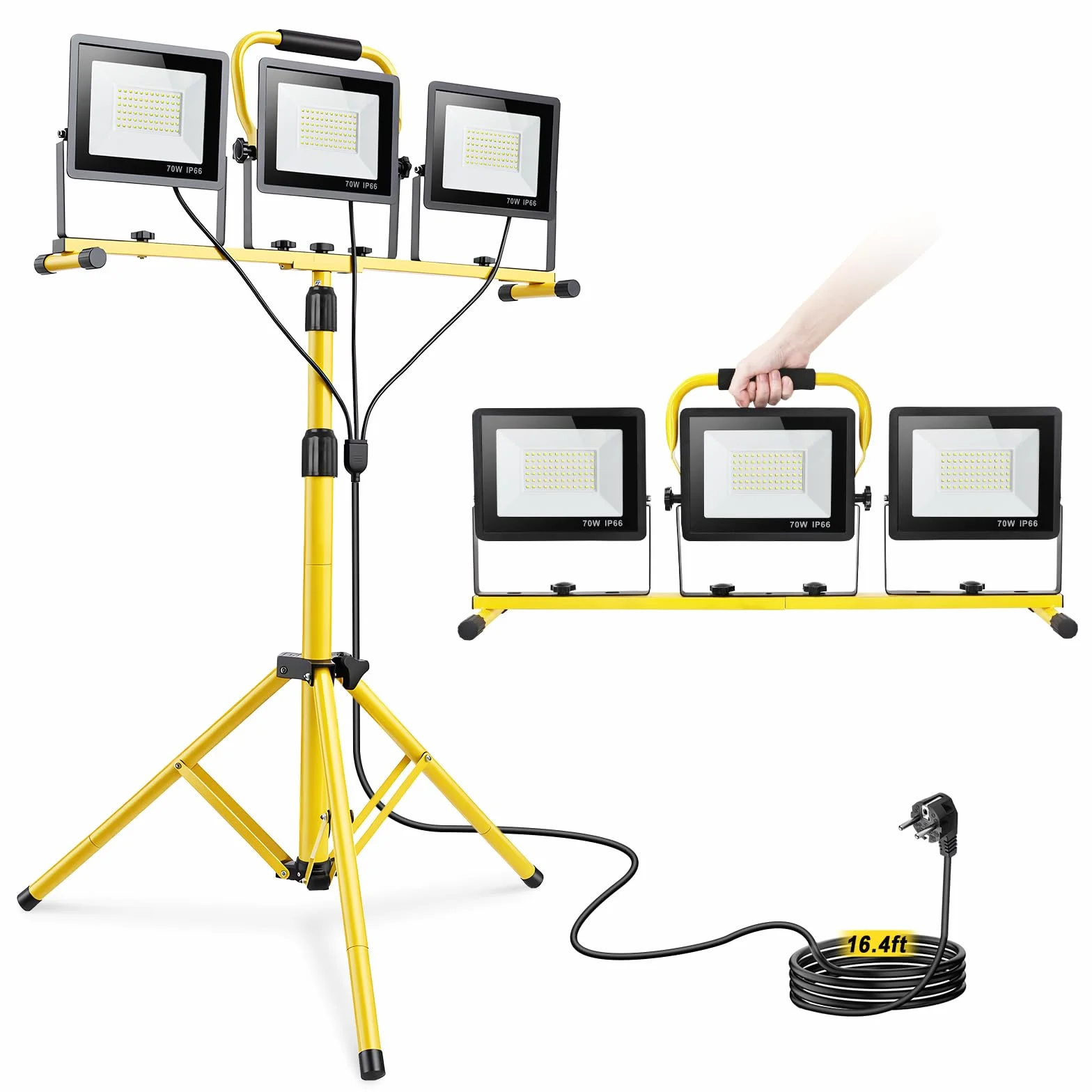 Yofuly Foco LED 3x 70W, Foco de Trabajo 21,000LM 6500K, Focos LED Portátil para Obras con Trípode Telescópico de Metal, Cable de 5M, IP66 Impermeable, Luz de Trabajo para Construcción