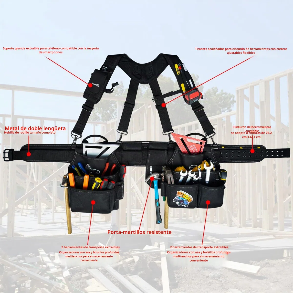MELOTOUGH Cinturón de herramientas con tirantes, bolsa de herramientas, Supenders Framers, peine delantal, cinturón de herramientas, bolsa de herramientas de construcción, constructor, plataforma de
