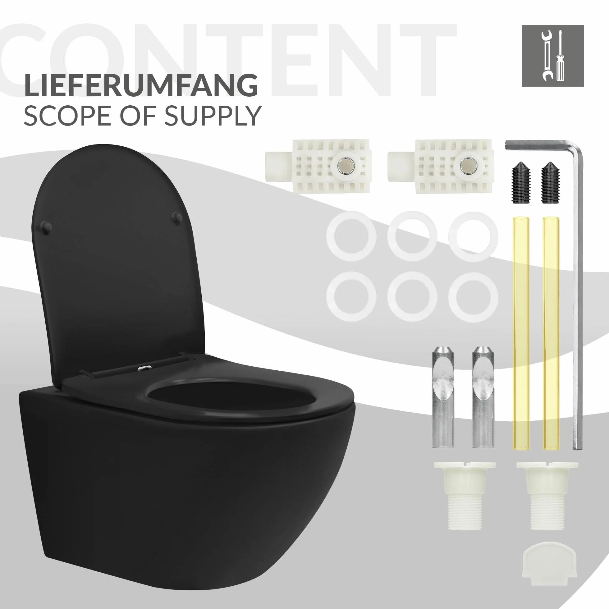 LuxeBath WC Suspendido Negro Mate de Cerámica sin Borde, Inodoro Colgante 54cm Largo con Descarga Profunda de Tornado para Baño, Wáter con Asiento Extraíble y Tapa Softclose