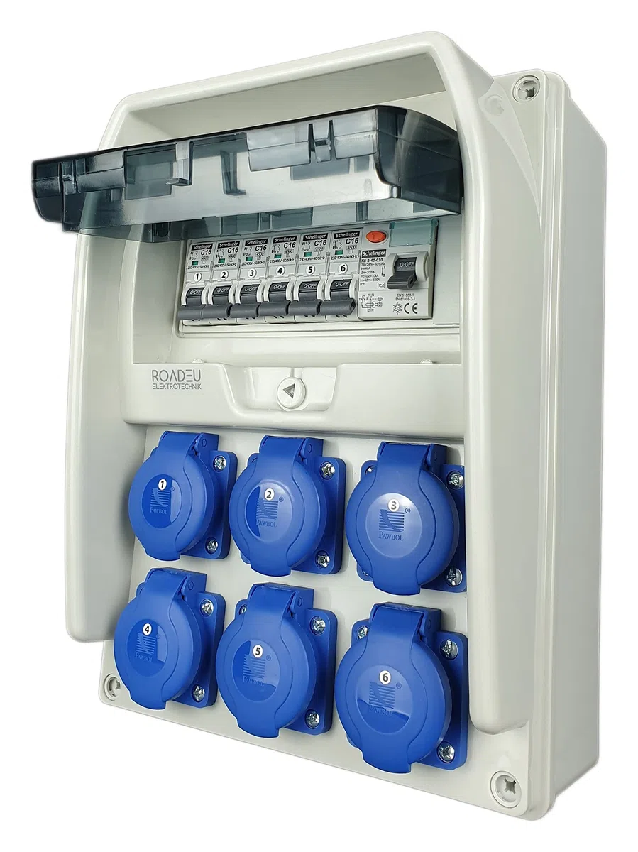 RoadEu - Distribuidor de Corriente Eléctrica. Caja cuadro electrico 6x 230V, con interruptor magnetotérmico diferencial de 25A y interruptor automático C16A. Ideal para Taller, Cobertizo y Fábricas