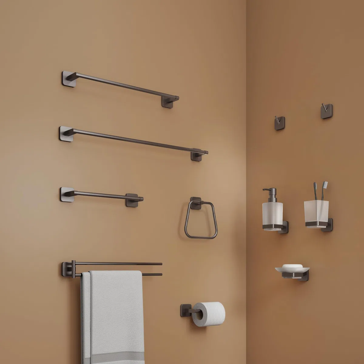 Gedy Tonga Toallero Barra Baño Pared 30cm Acero INOX y Cromall Gun Metal PVD, Portatollas con Tornillos y Biadhesivo Carga 7kg