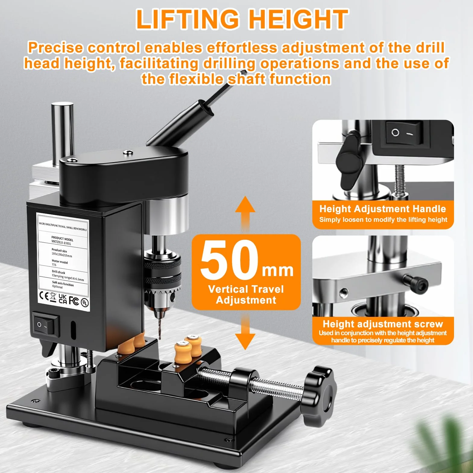 Mini Taladro de Banco, Taladro de Columna 200 W, 7 Velocidades Ajustables, Ajuste de Altura 50 mm, Portabrocas 0,6-6 mm, Carrera de Perforación 50 mm, Motor 775 para Metal, Madera, Acrílico y Aluminio