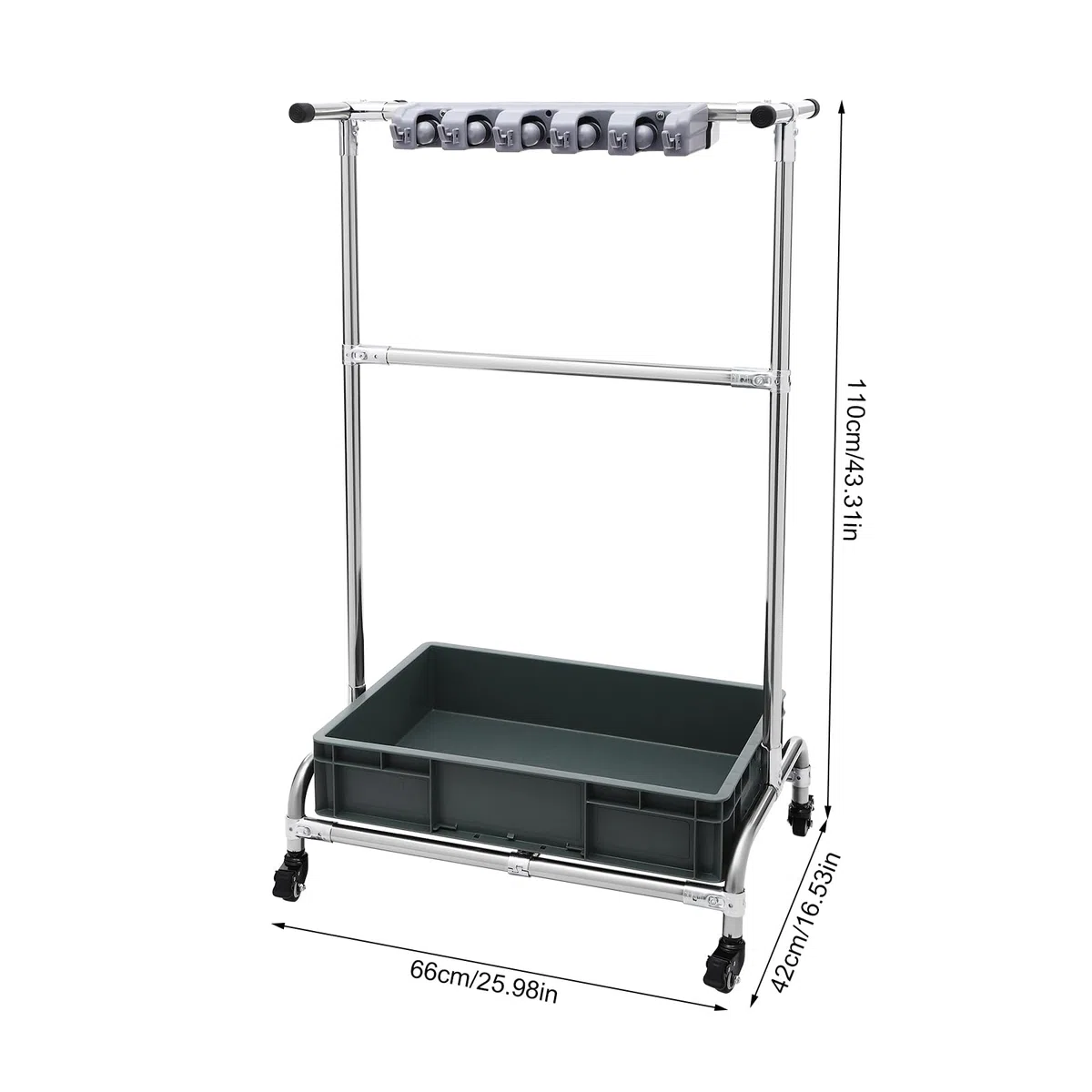 Soporte para escobas y aparatos, soporte para herramientas de jardín, soporte para fregona, con ruedas, 12 ganchos, 10 ranuras, acero inoxidable, 66 x 42 x 110 cm