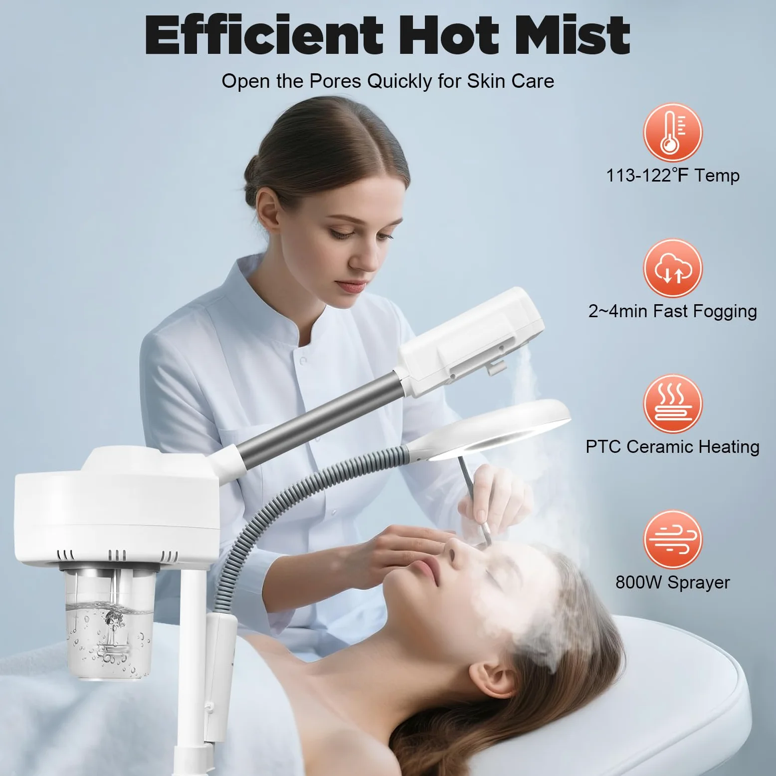 Vaporizador facial profesional 2 en 1 con luz LED, 5 lupas, altura regulable para hogar, spa y salón