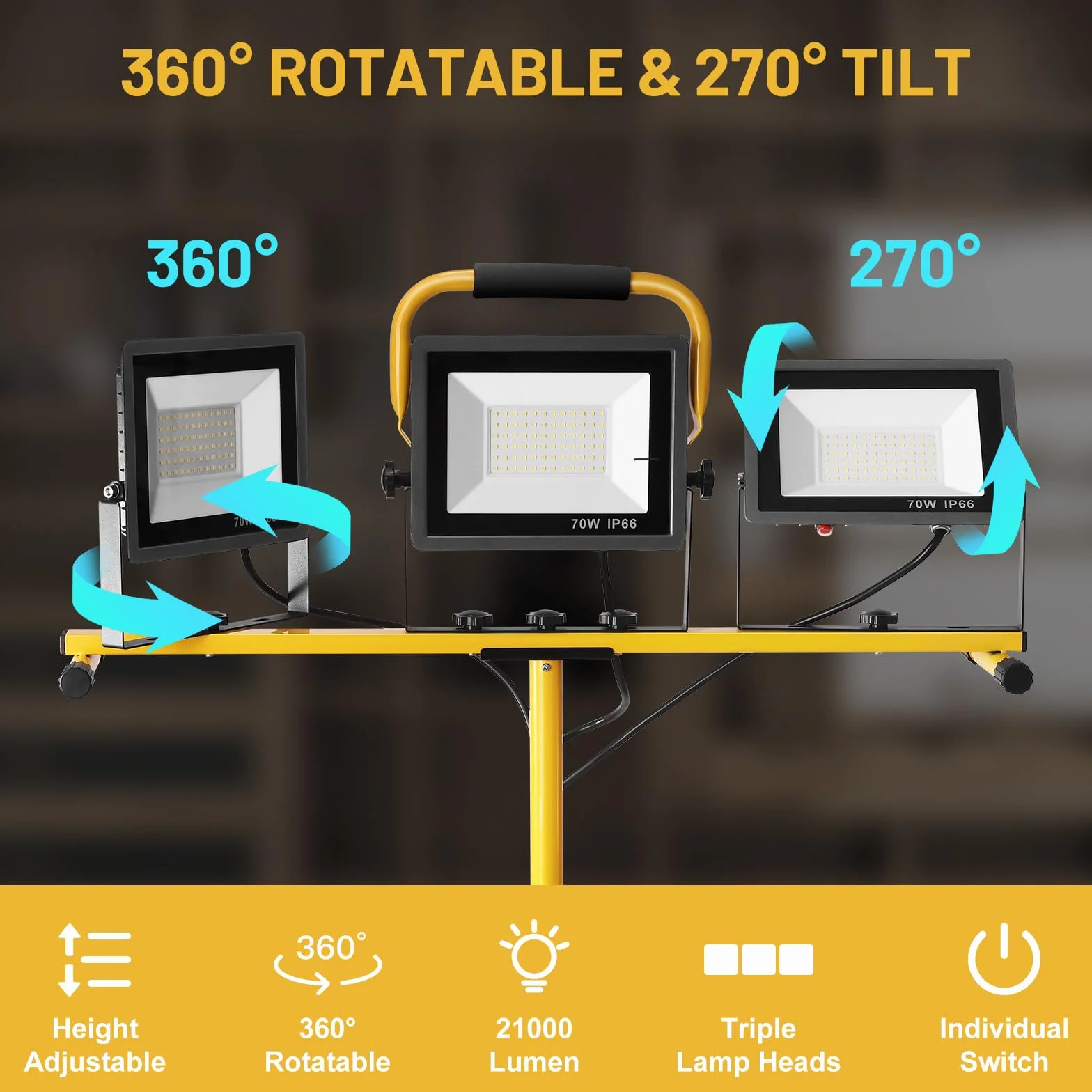 Yofuly Foco LED 3x 70W, Foco de Trabajo 21,000LM 6500K, Focos LED Portátil para Obras con Trípode Telescópico de Metal, Cable de 5M, IP66 Impermeable, Luz de Trabajo para Construcción