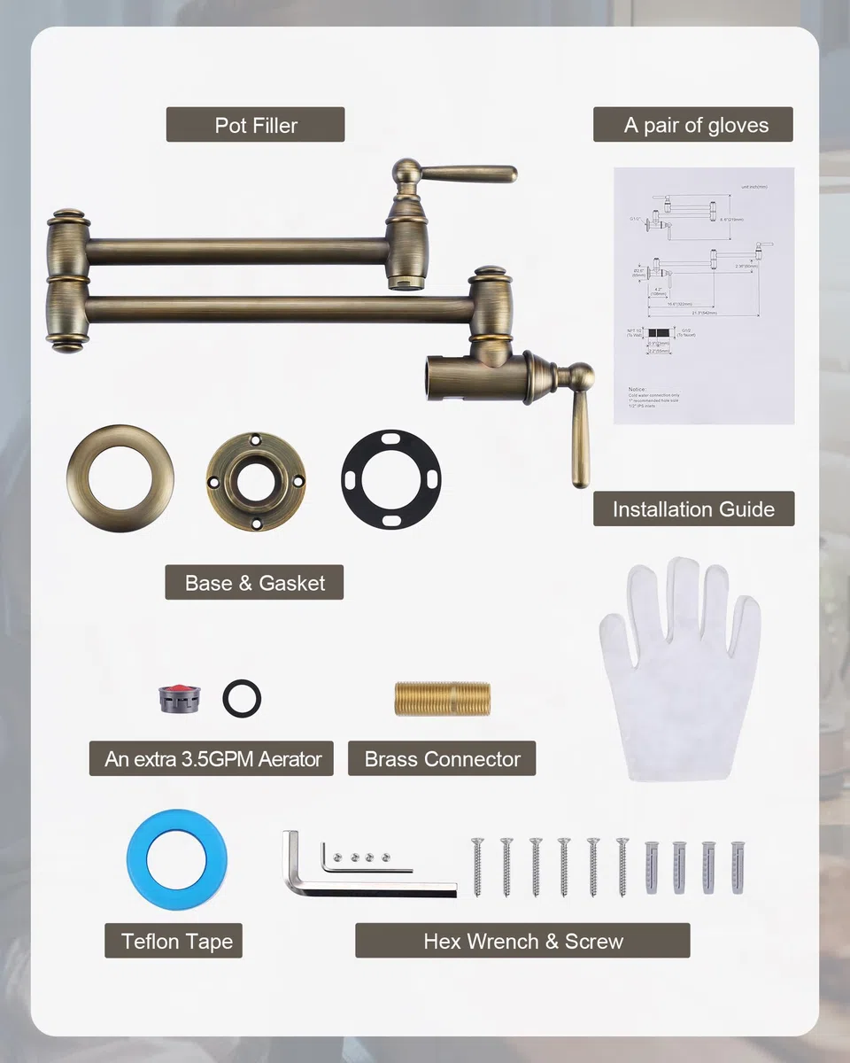 Grifo de llenado de ollas de bronce antiguo, ARCORA Modern Pot Filler Wall Mount Kitchen Folding Faucet 2 Handle with Double Joint Swing Arms Brass Stove Faucet