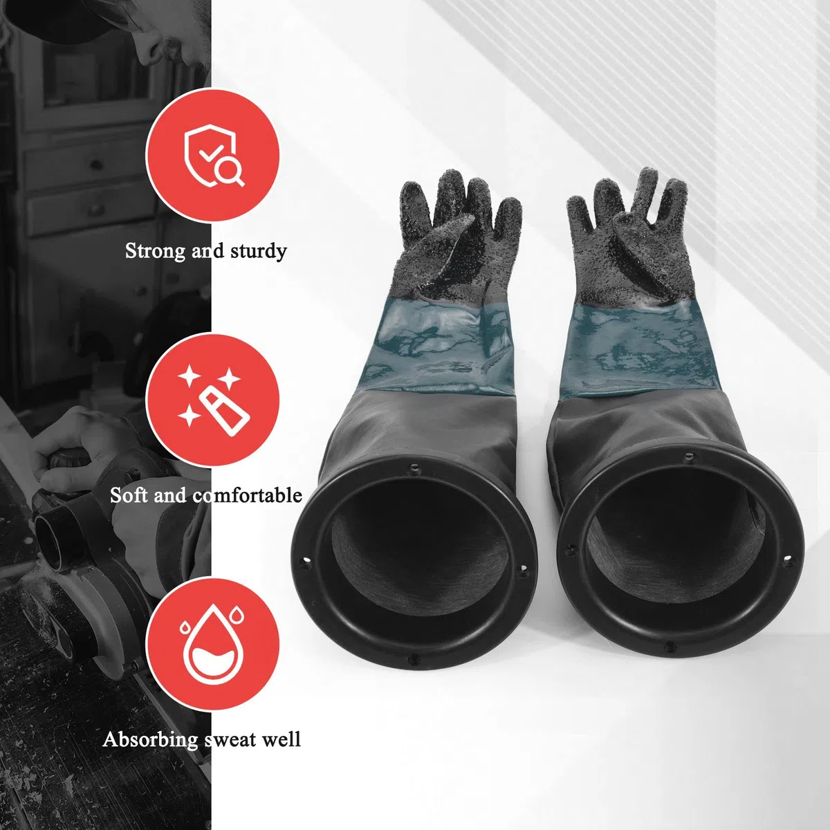 Guantes de chorro de piezas 60 cm con anillos en O para cabina de chorro de