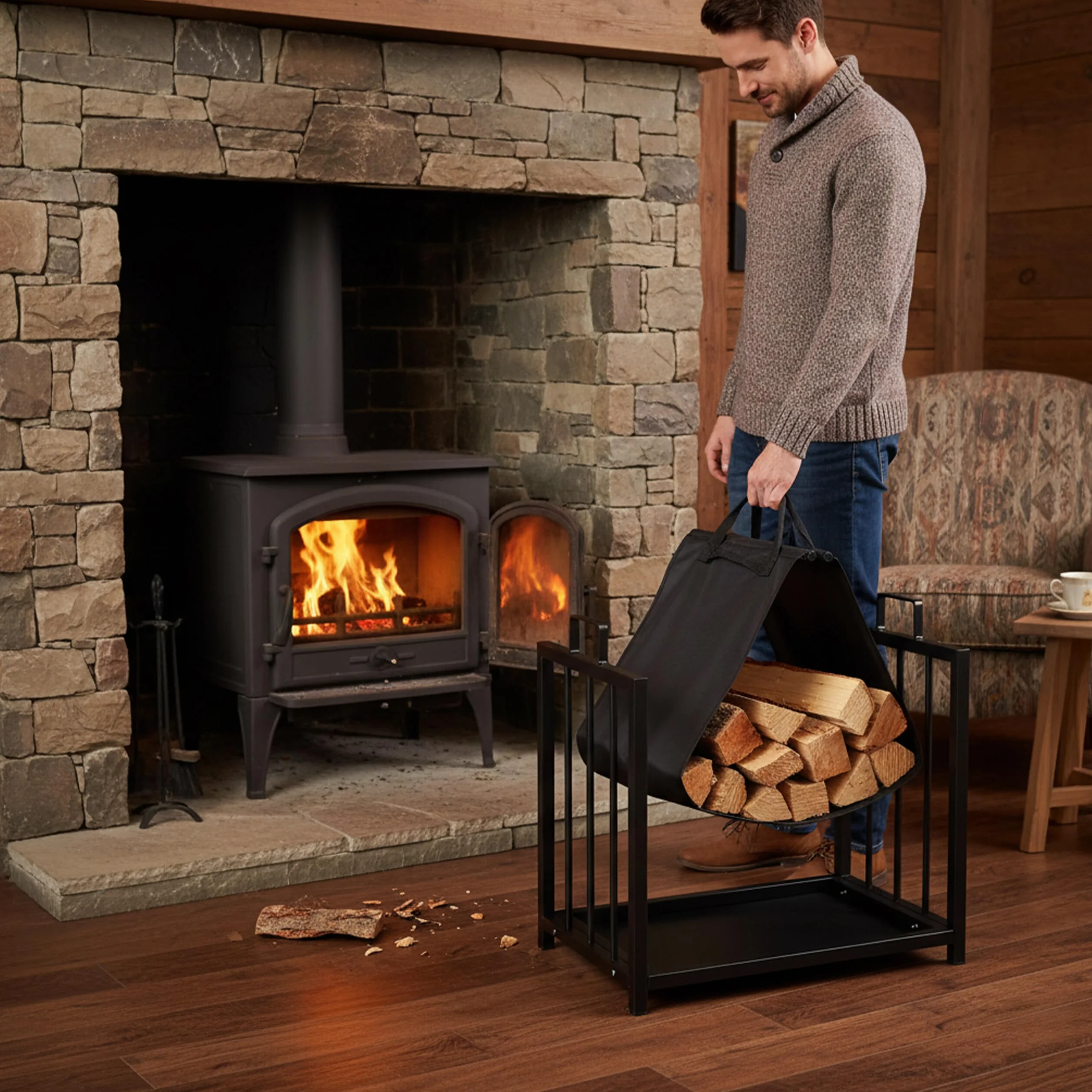 Relaxdays Leñero Interior con Bolsa, Diseño Moderno, Metálico, Chimenea, Almacenaje Leña, Acero, 50 x 51 x 37 cm, Negro