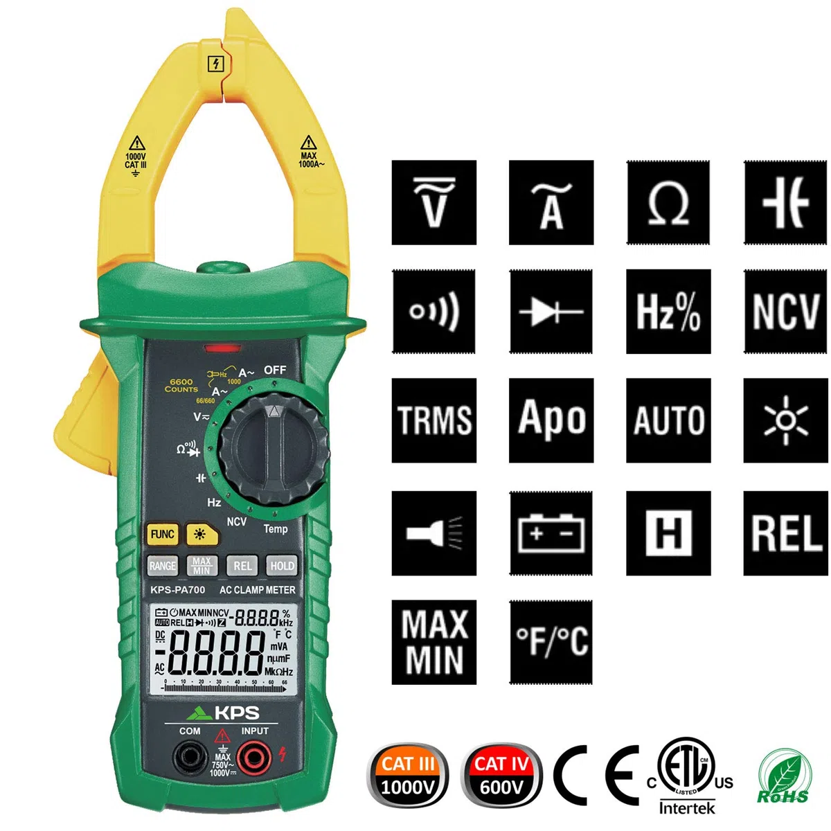 KPS-PA700 Pinza amperimetrica digital TRMS,Tension DC 1000V AC 750V, corriente 1000A, NCV (detección sin contacto), 40 mm de apertura